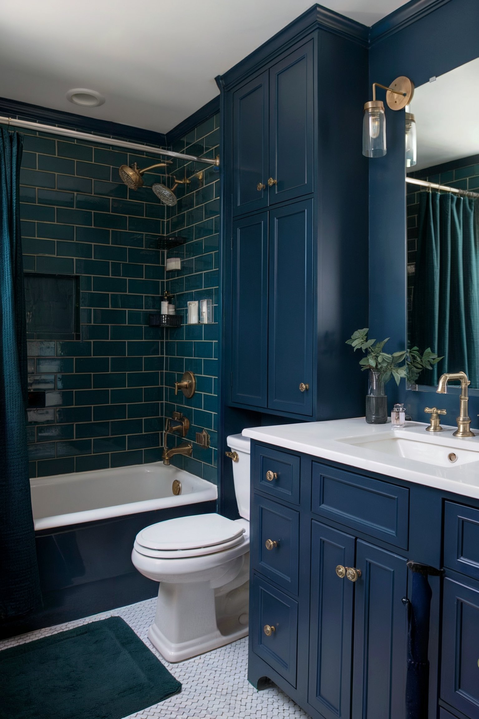 A navy blue and green bathroom with brass fixtures, a tub, and white countertop, creating a rich and elegant aesthetic