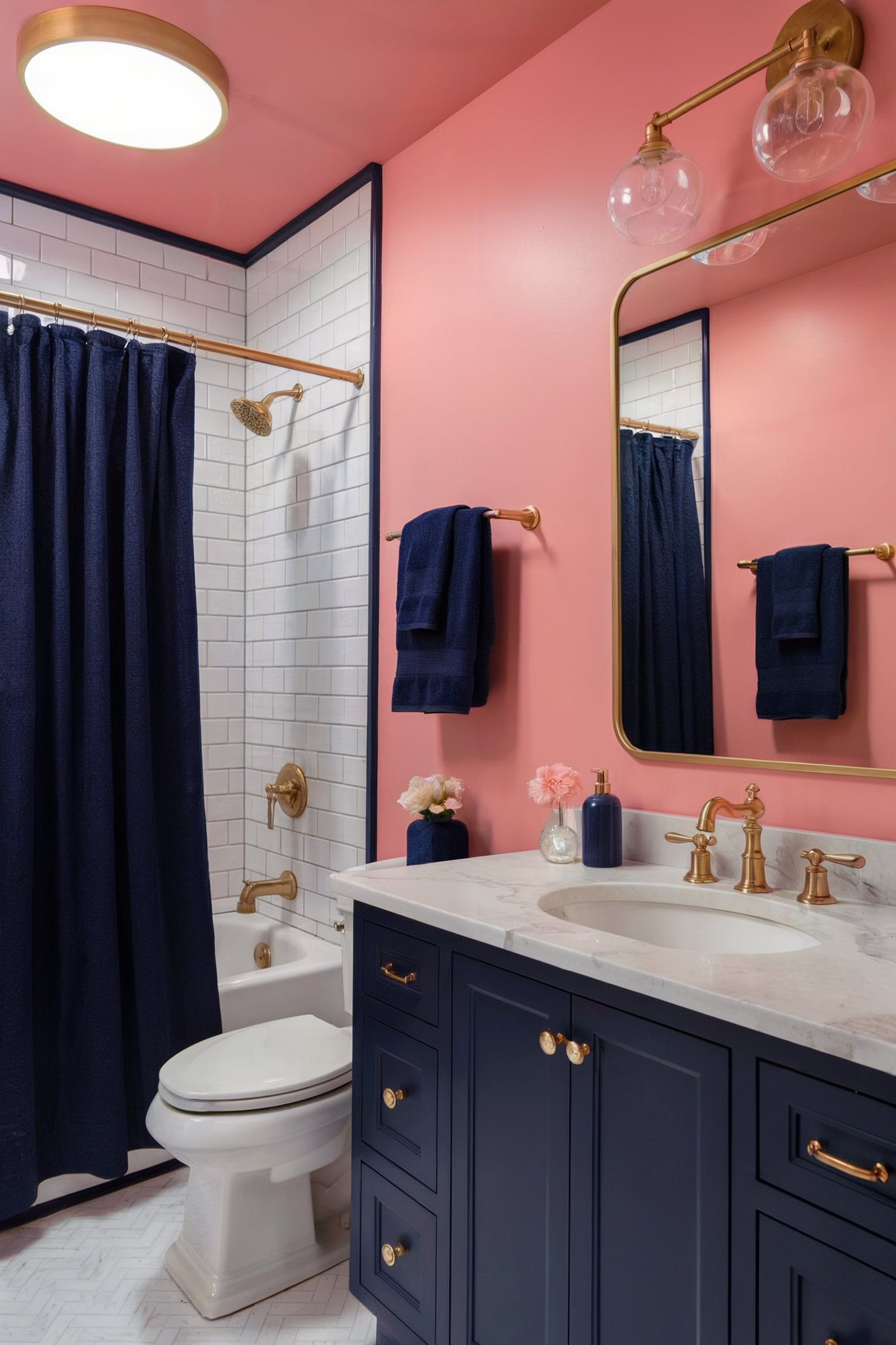 Stylish bathroom with pink walls, navy blue cabinetry, and gold accents, offering a bold and contrasting color scheme