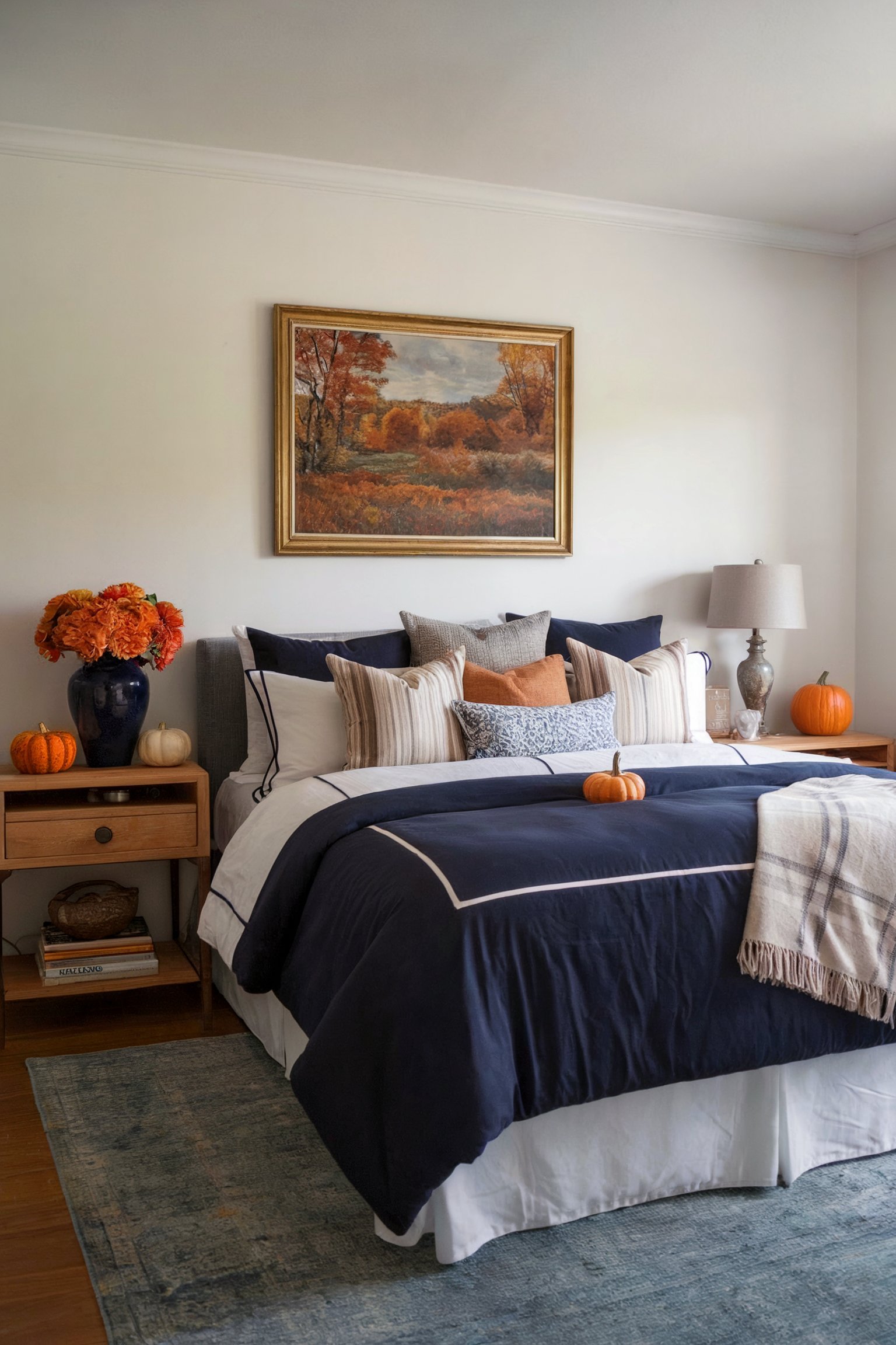 Navy bedspread with fall accents and a framed painting above