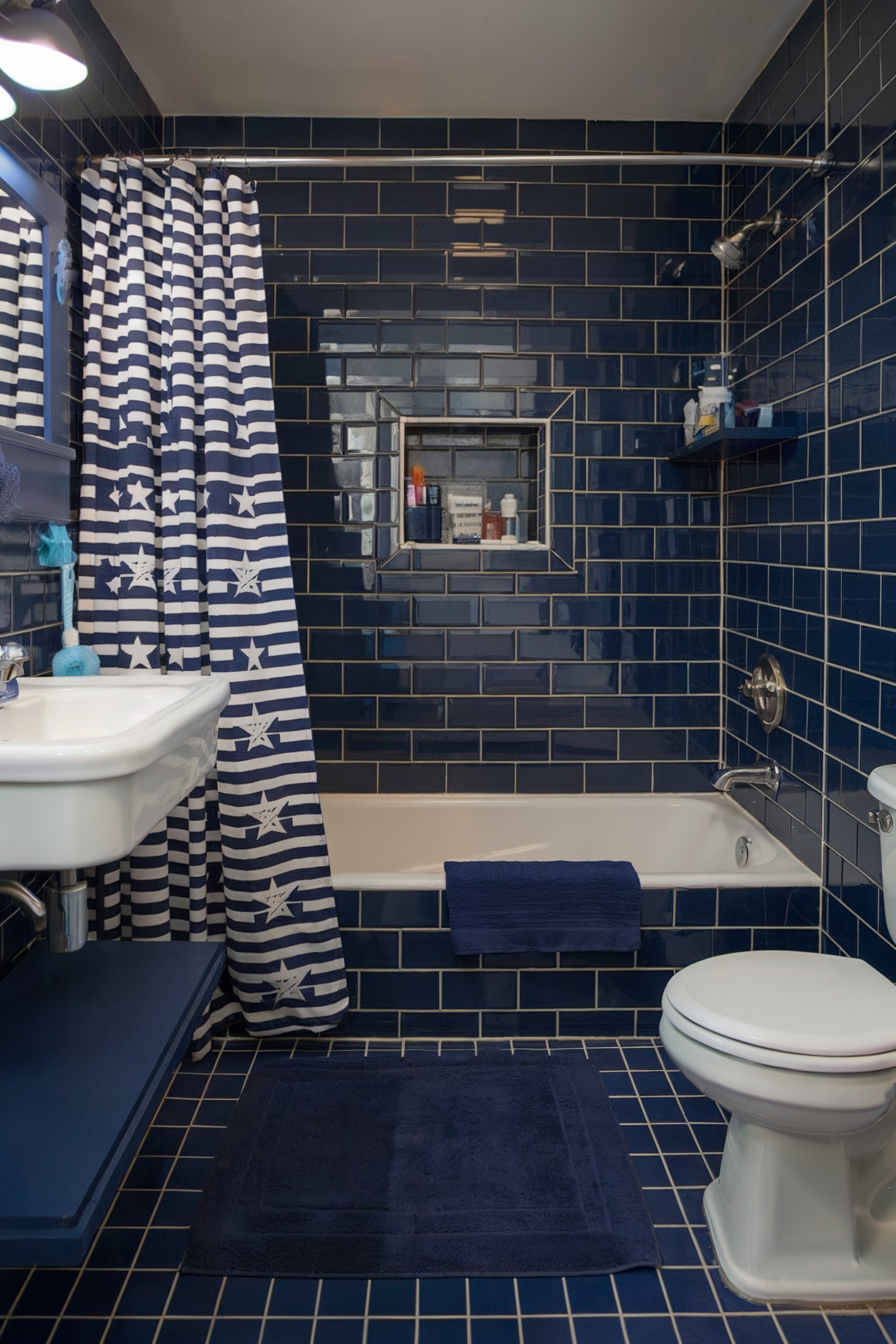 A navy blue-themed children's bathroom with star-patterned shower curtain and subway tiles surrounding the bathtub