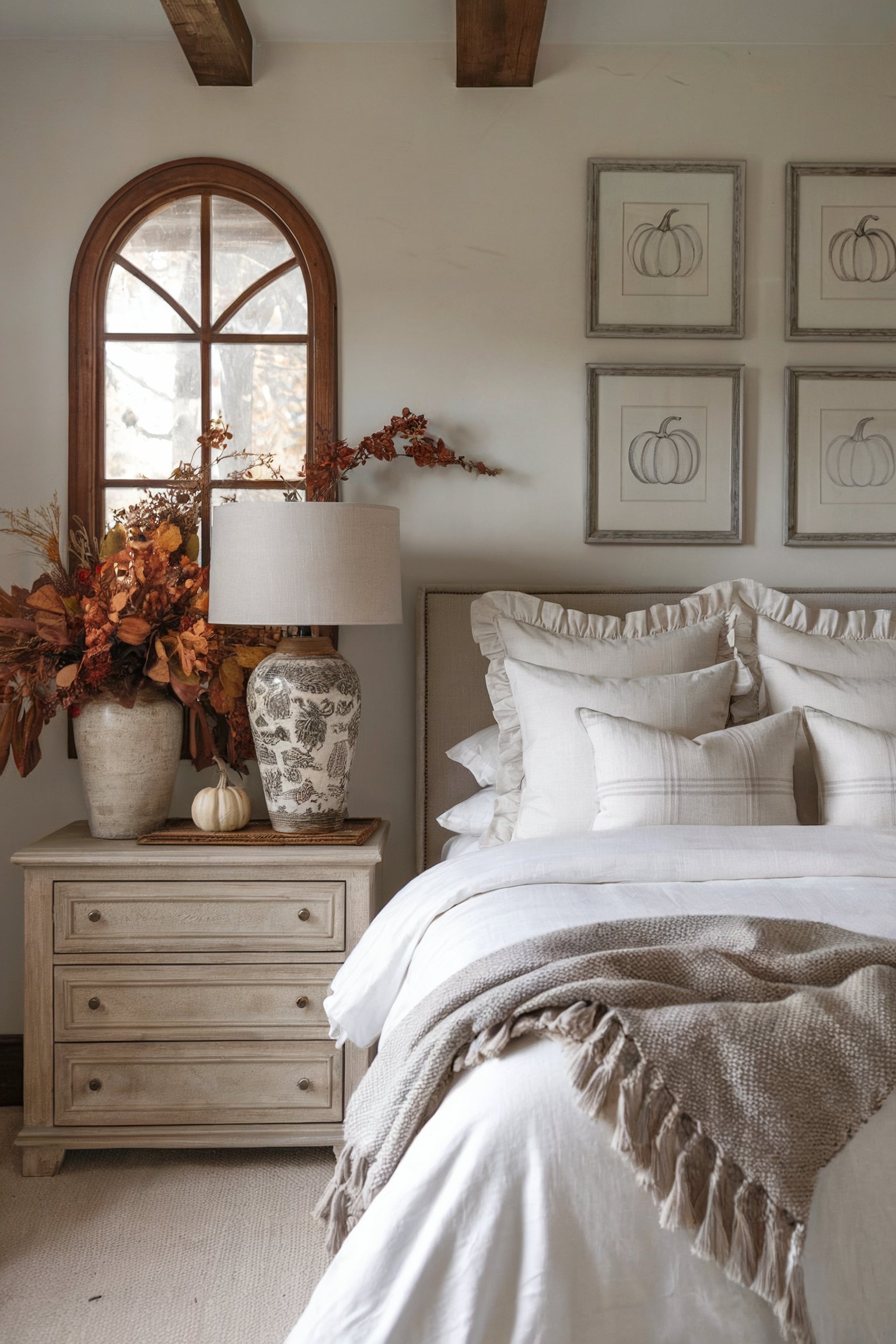 Neutral bedroom with autumn decor and beige bedding