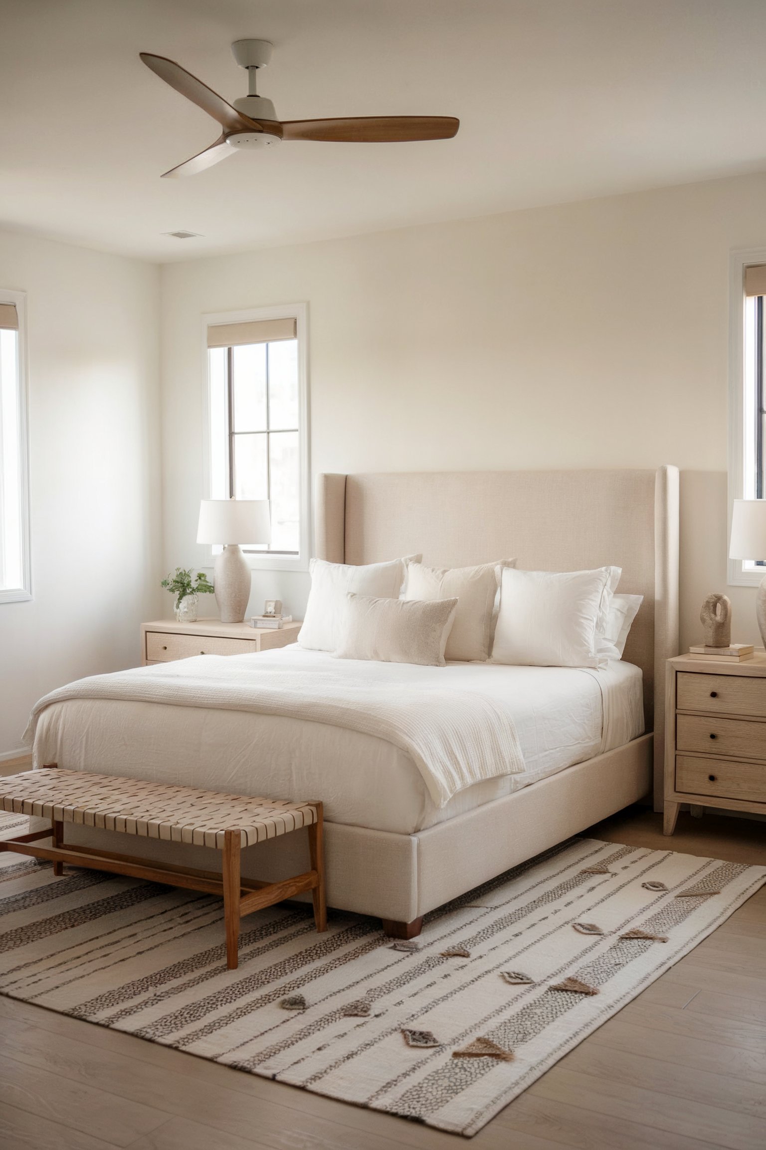 A minimalist bedroom with a beige bed, woven bench, neutral decor, and a large ceiling fan