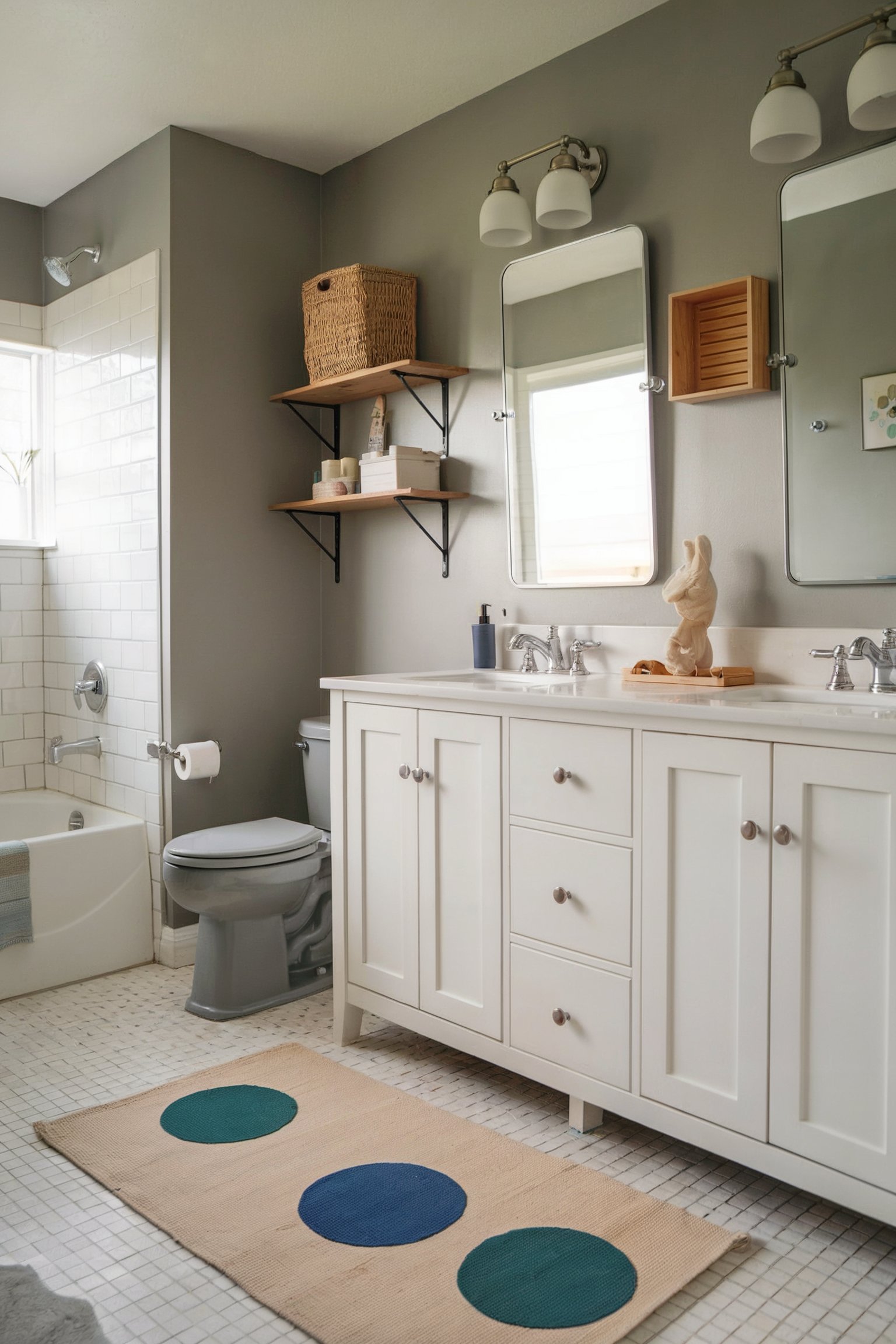 A neutral bathroom with simple white cabinets, gray walls, and wooden shelves, offering a clean and organized look