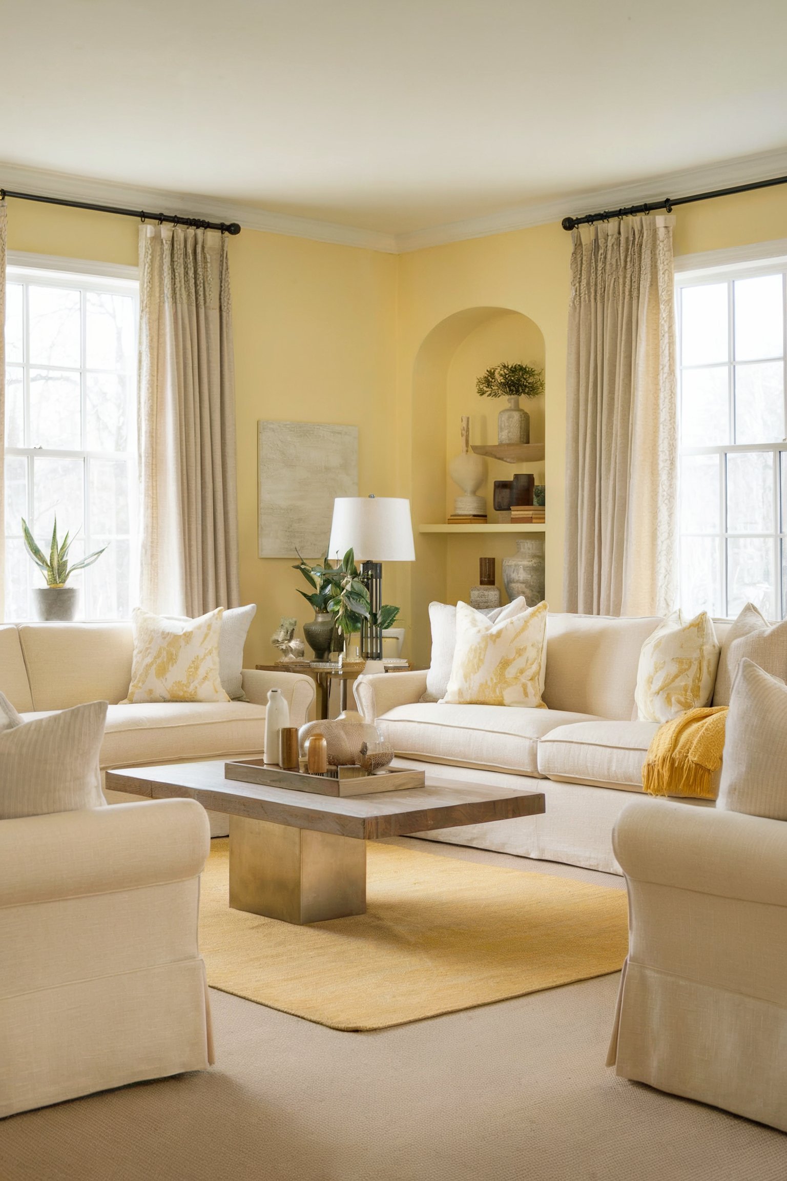 A bright living room with light cream furniture and yellow accents, with large windows and a simple coffee table