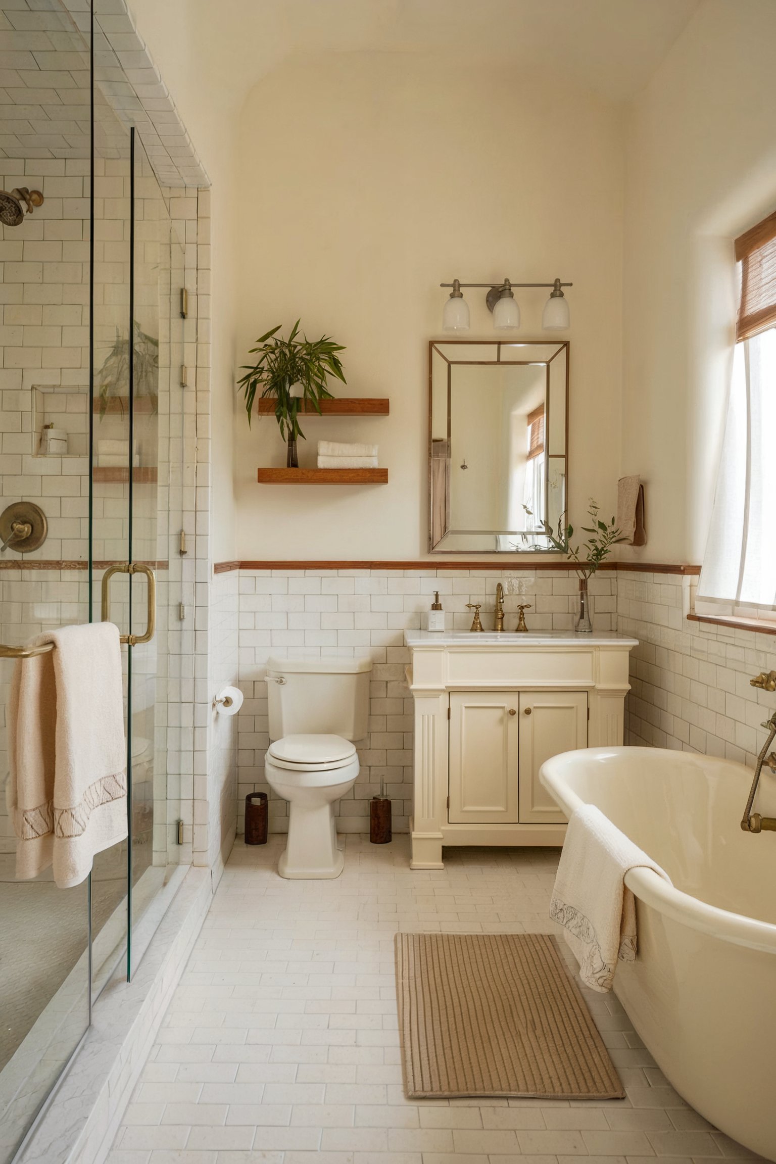 A bright, minimalist bathroom with white subway tiles, a glass shower, and a freestanding bathtub