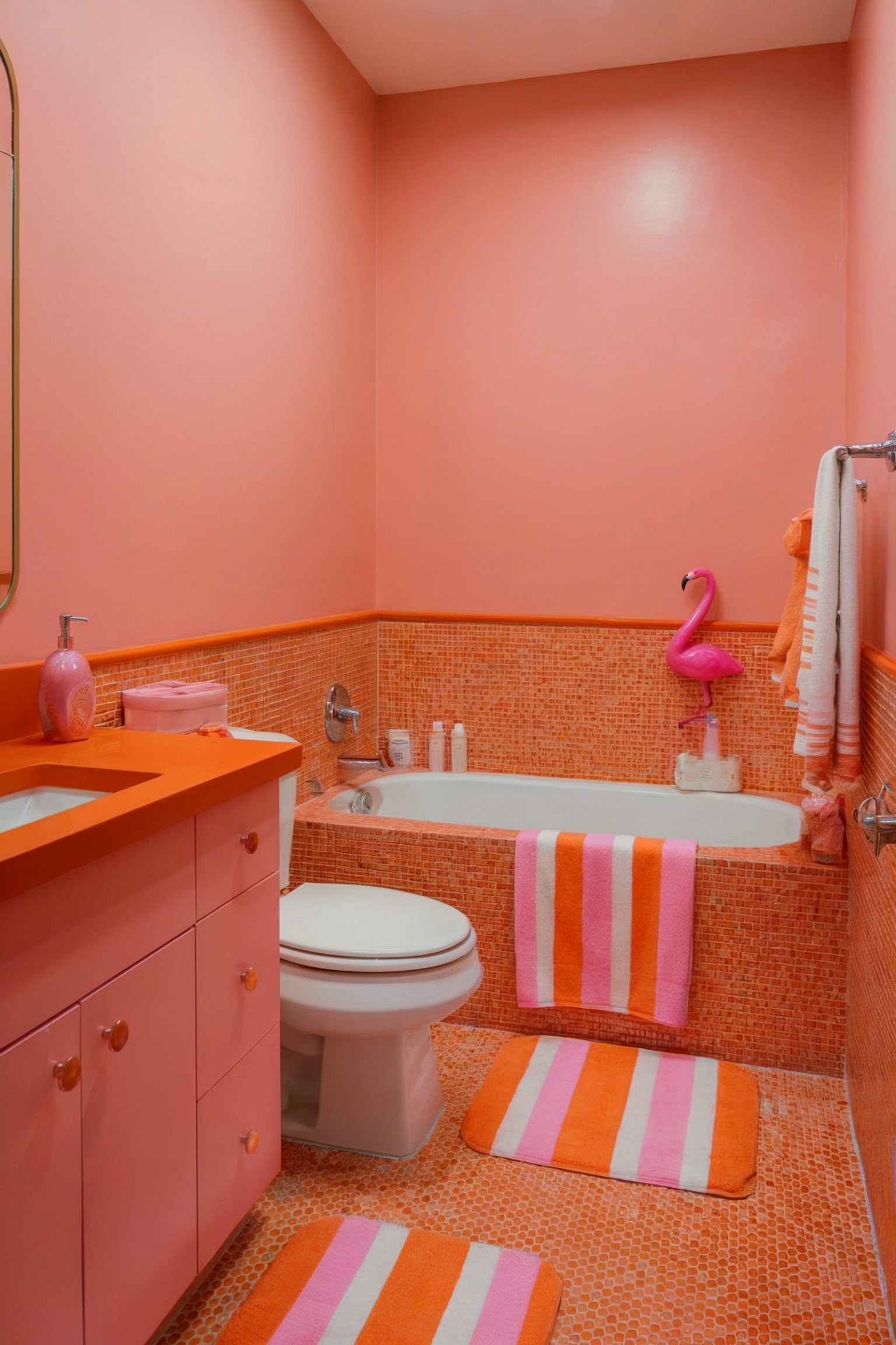 Bright pink bathroom with orange accents, striped mats, and a flamingo decor piece