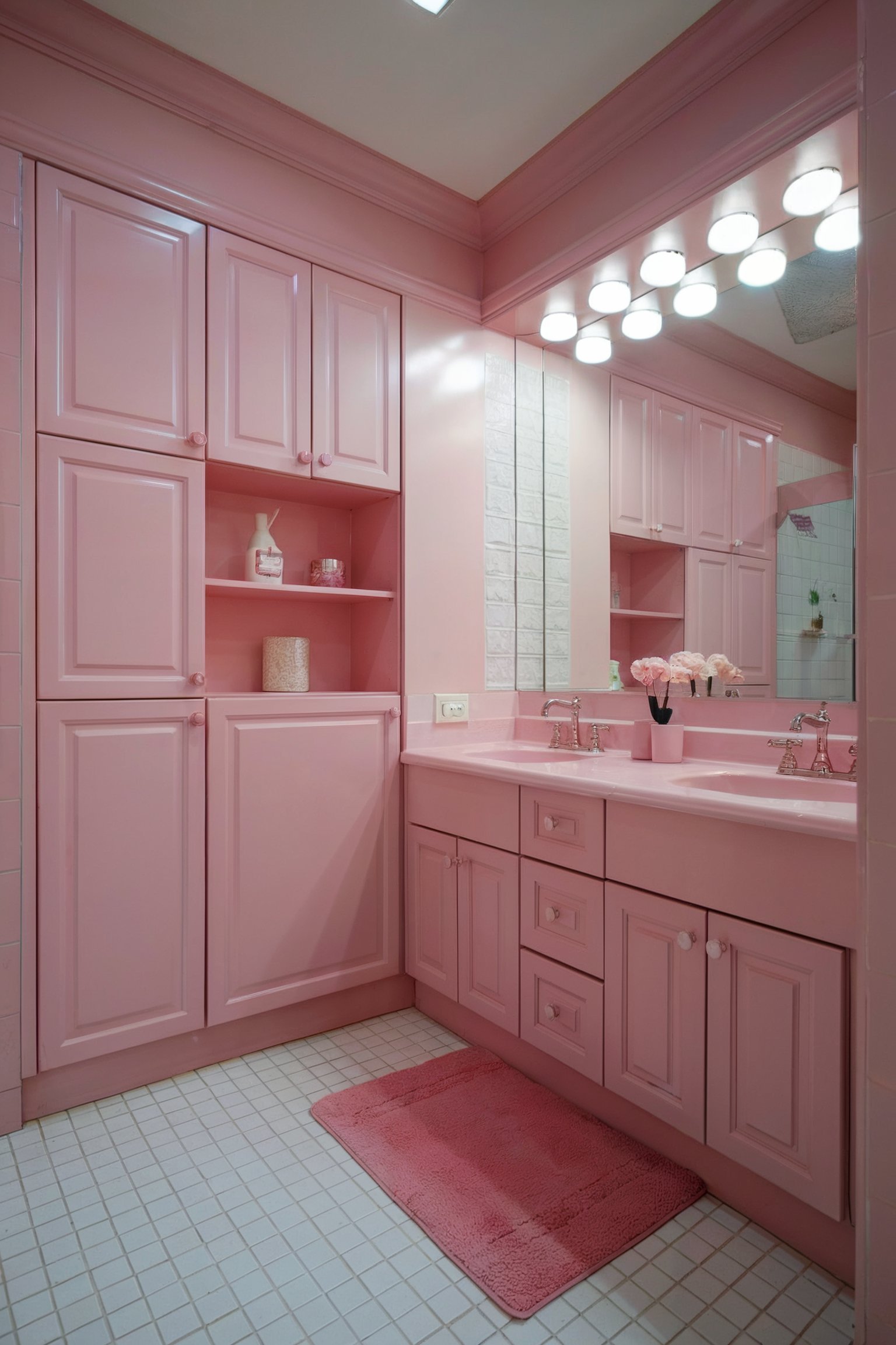 This bathroom features a pink vanity with matching cabinetry and a pink countertop, accented by a large mirror with overhead lighting