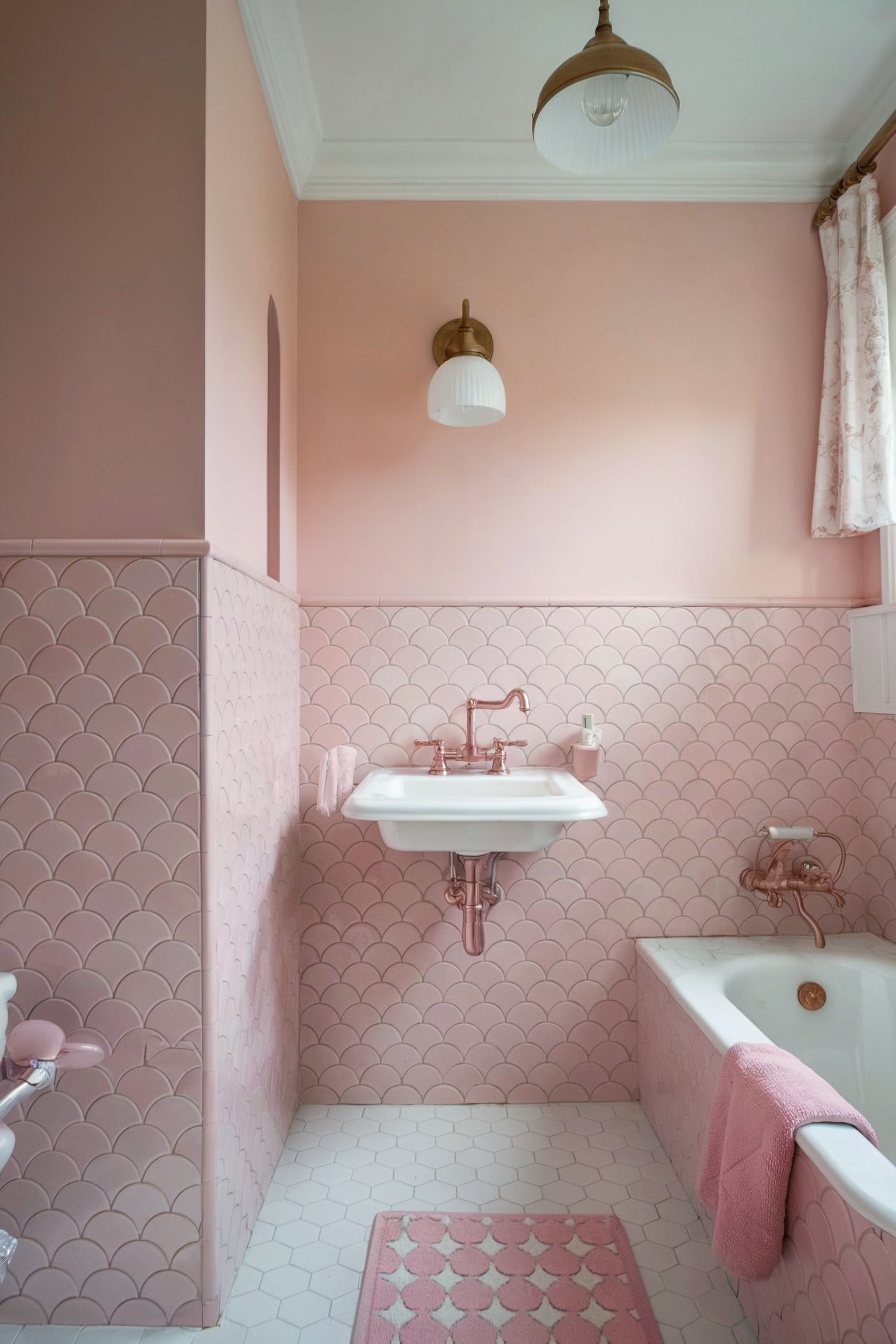A charming pink bathroom with scalloped tiles on the lower half and rose gold fixtures creating a soft, elegant look
