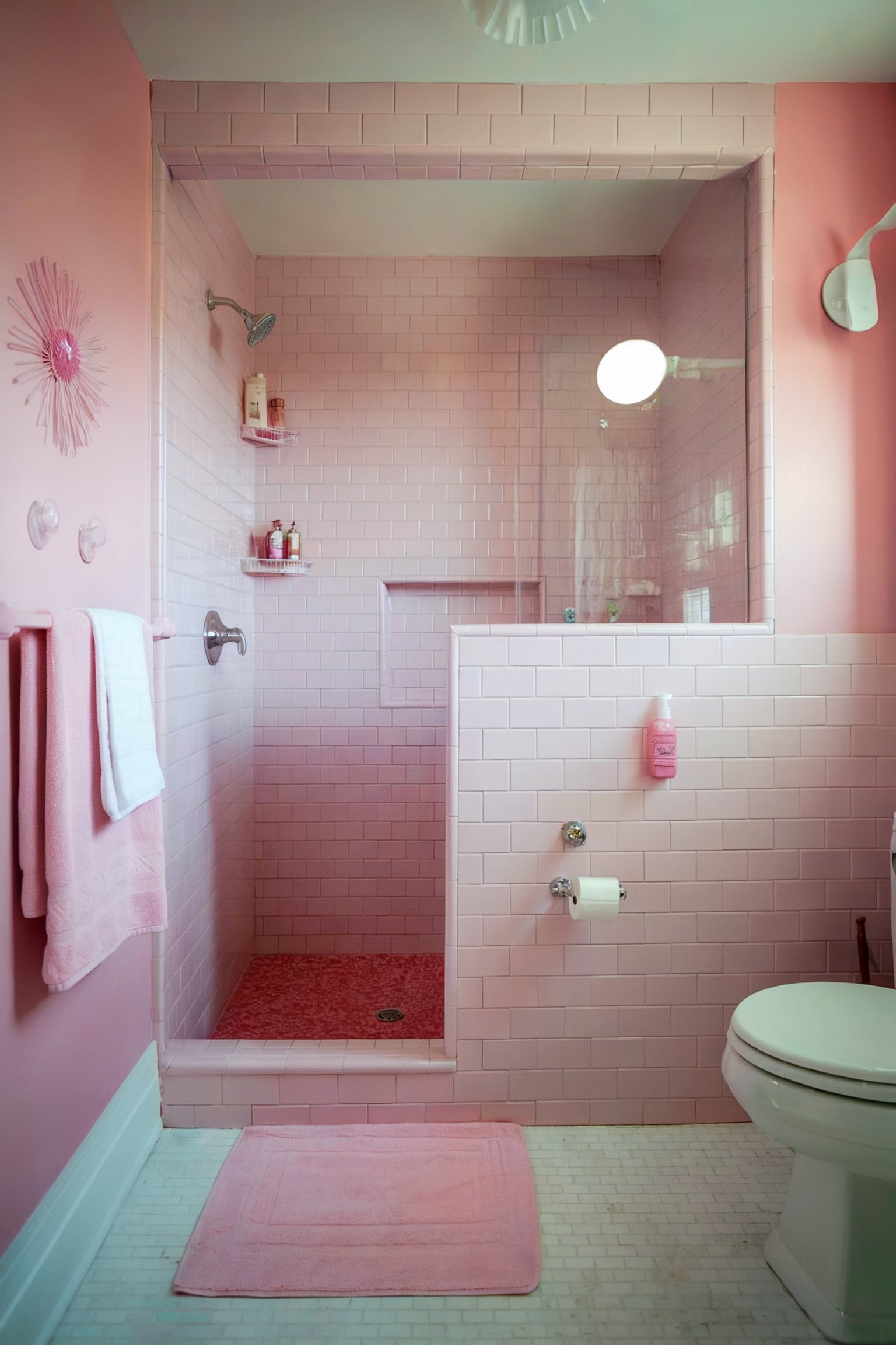 This pink-themed bathroom includes a tiled shower with a glass divider, a soft pink bath mat, and matching towels