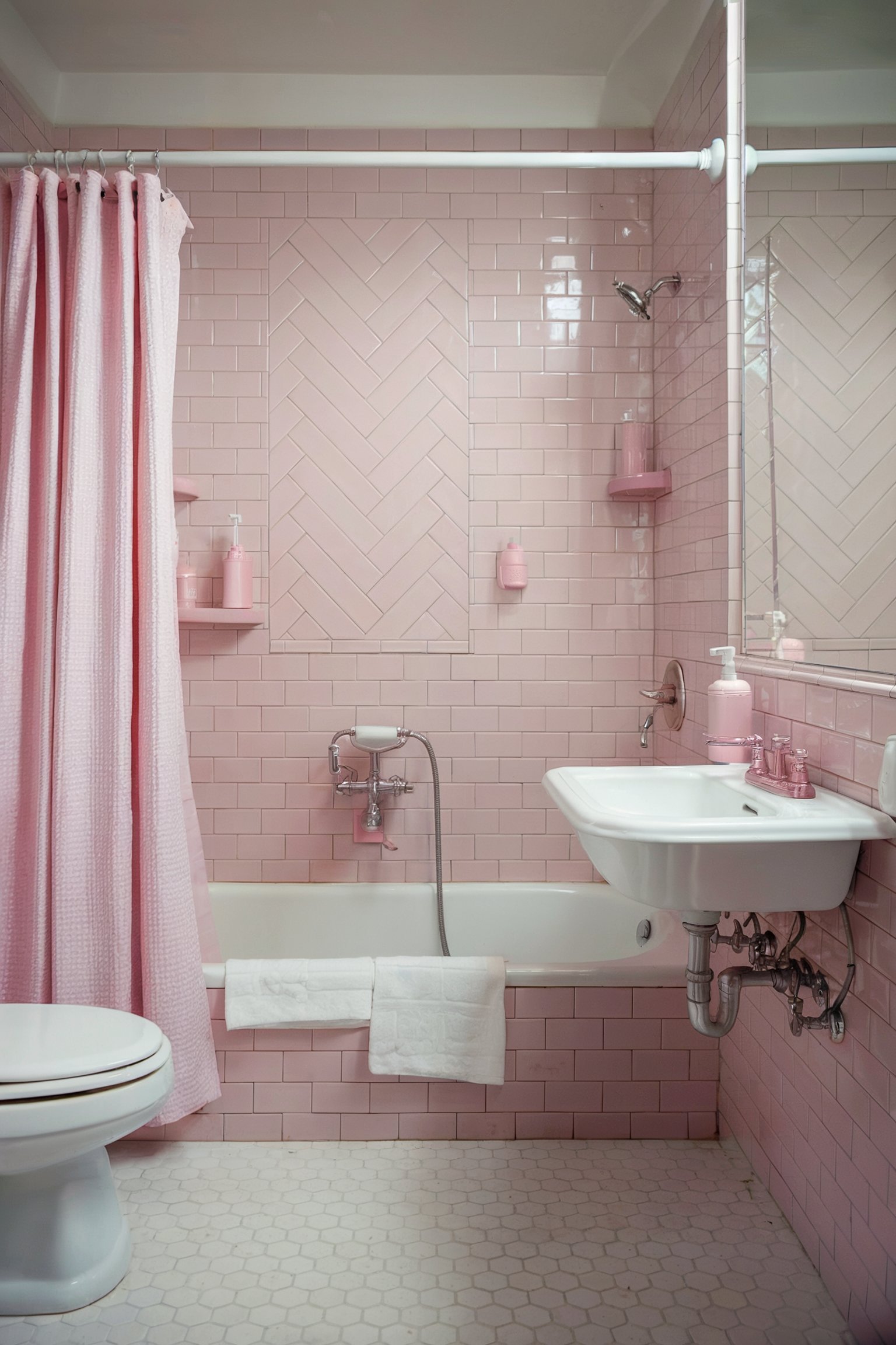 A pink tile bathroom featuring a herringbone accent and pink fixtures with a matching shower curtain