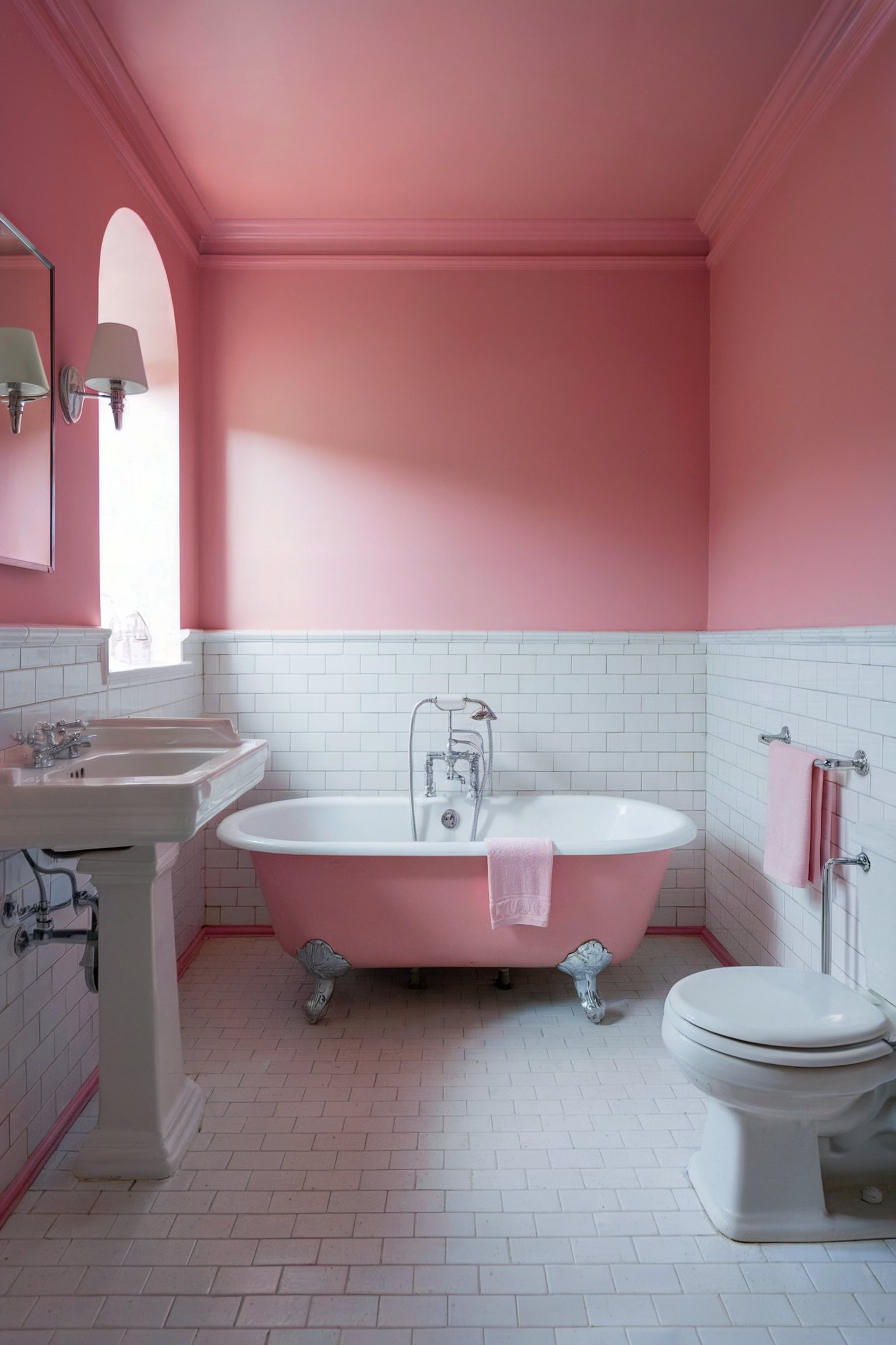 A pink and white bathroom with a clawfoot bathtub, pink walls, and white subway tile wainscoting