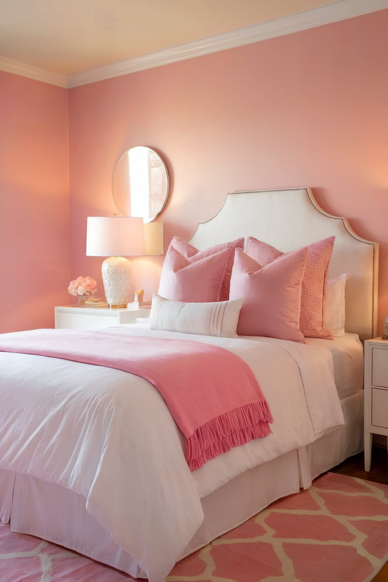 A charming pink bedroom with a white bed, soft pink pillows, and a blush throw blanket for a feminine touch
