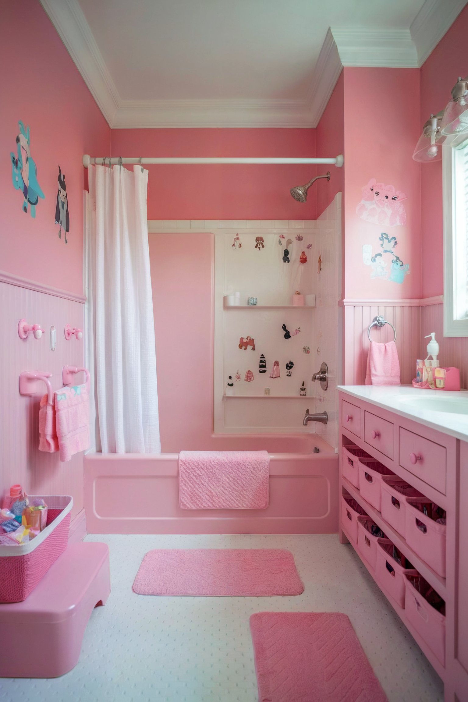 A pink children's bathroom with matching pink walls, vanity, and tub, featuring fun wall decals and storage baskets