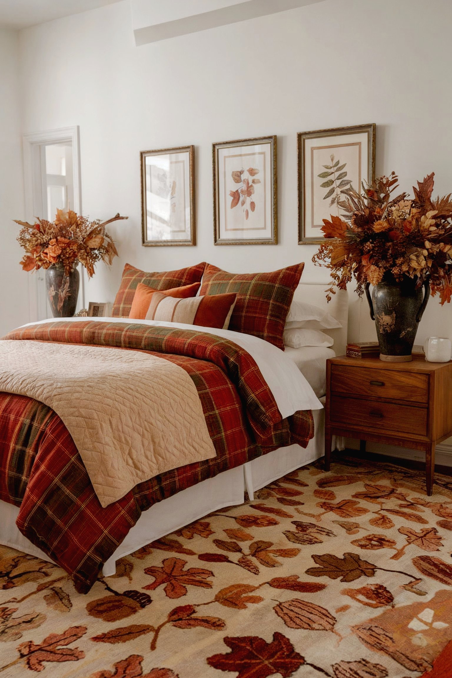 A fall-inspired bedroom with plaid bedding, botanical prints, and autumnal floral arrangements in vases