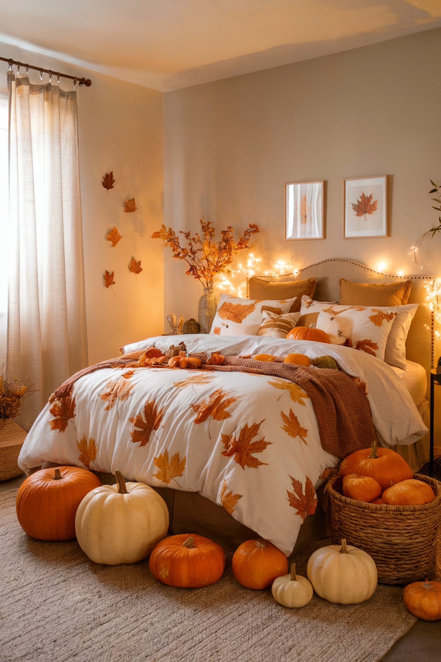 A fall-themed bedroom with a bed covered in maple leaf bedding, surrounded by pumpkins and warm string lights