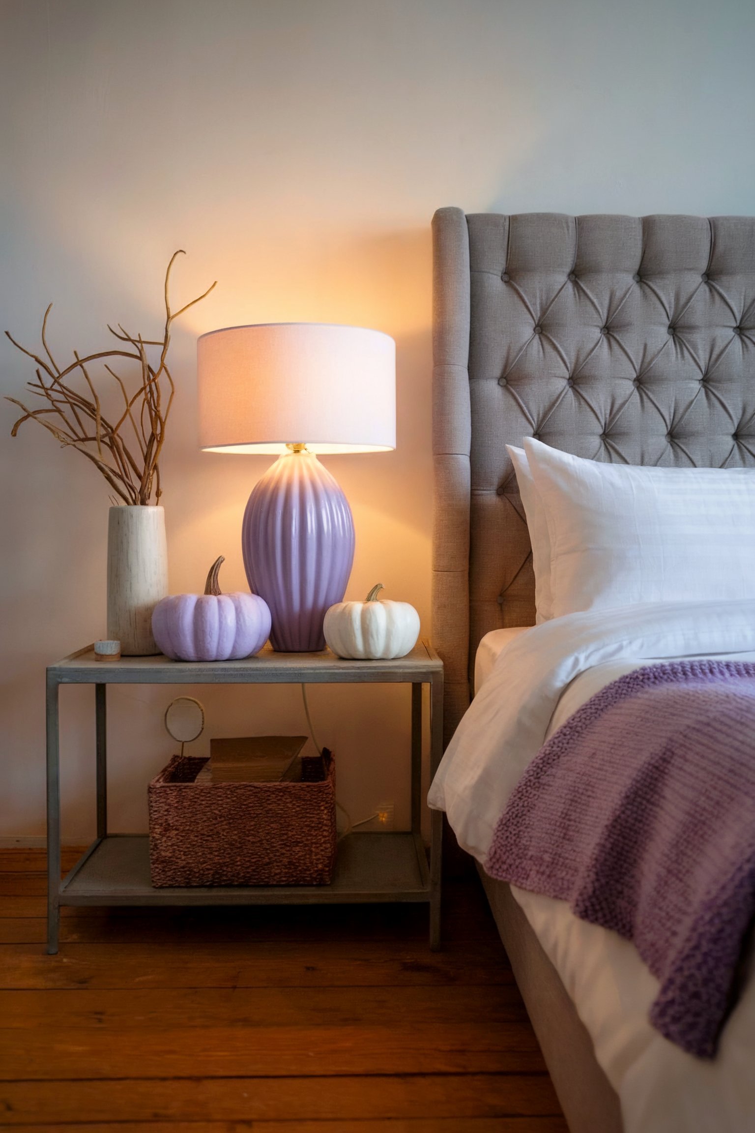 A cozy bedroom with a tufted headboard and a nightstand decorated with pastel pumpkins and a glowing lamp