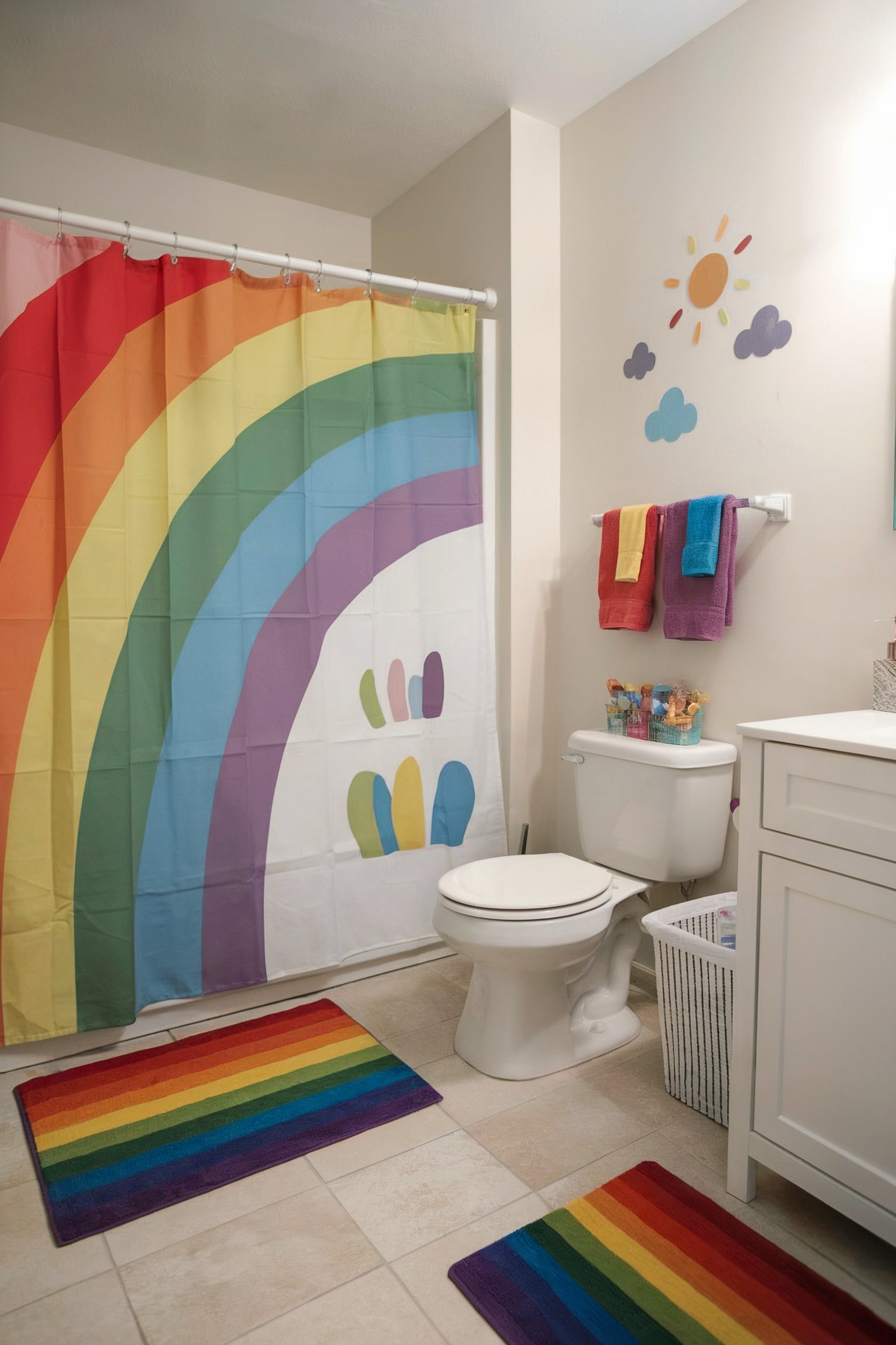 Rainbow-themed kids' bathroom with bright, colorful decor and matching accessories