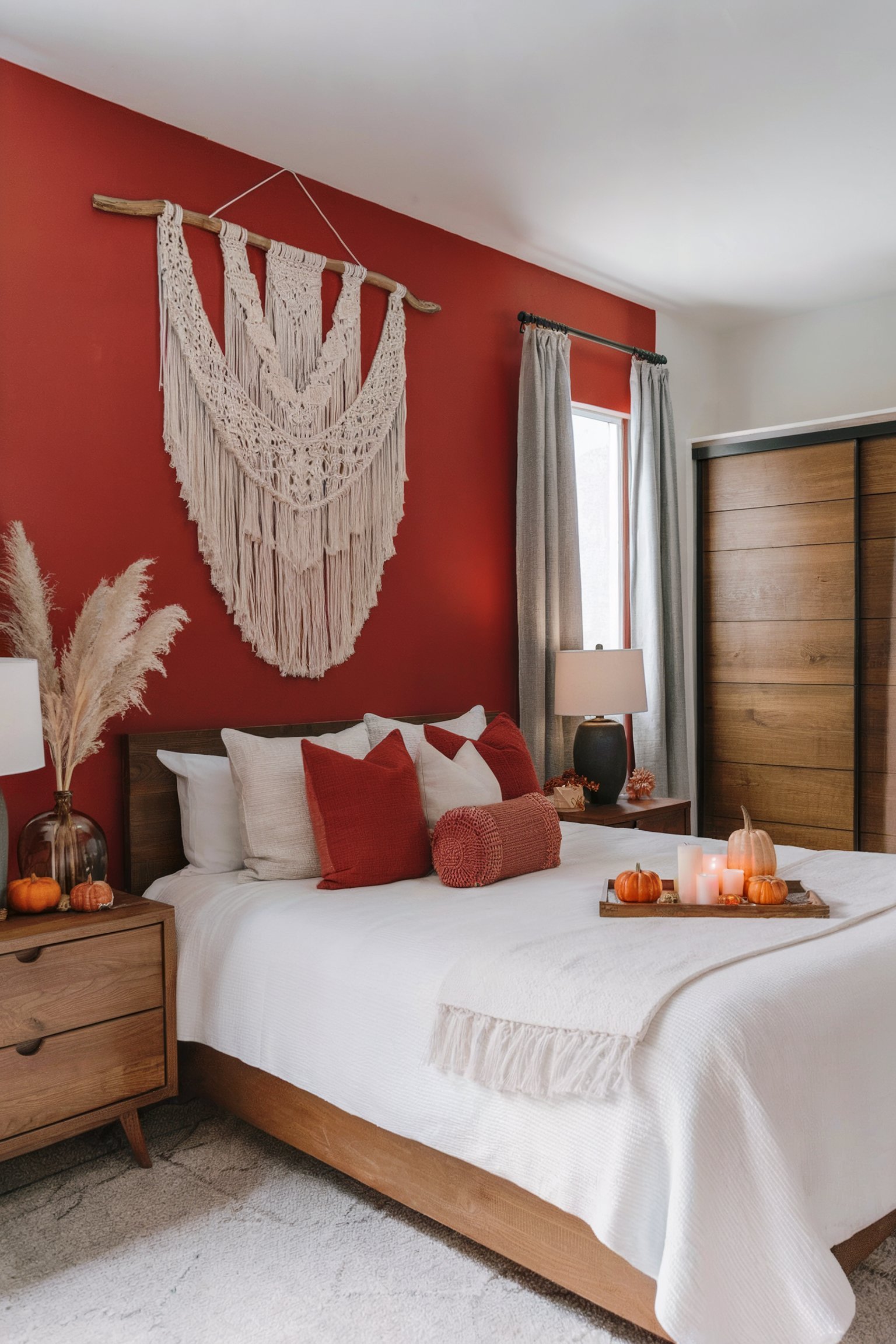 A bedroom with a red accent wall, macrame decor, and fall decorations including pumpkins