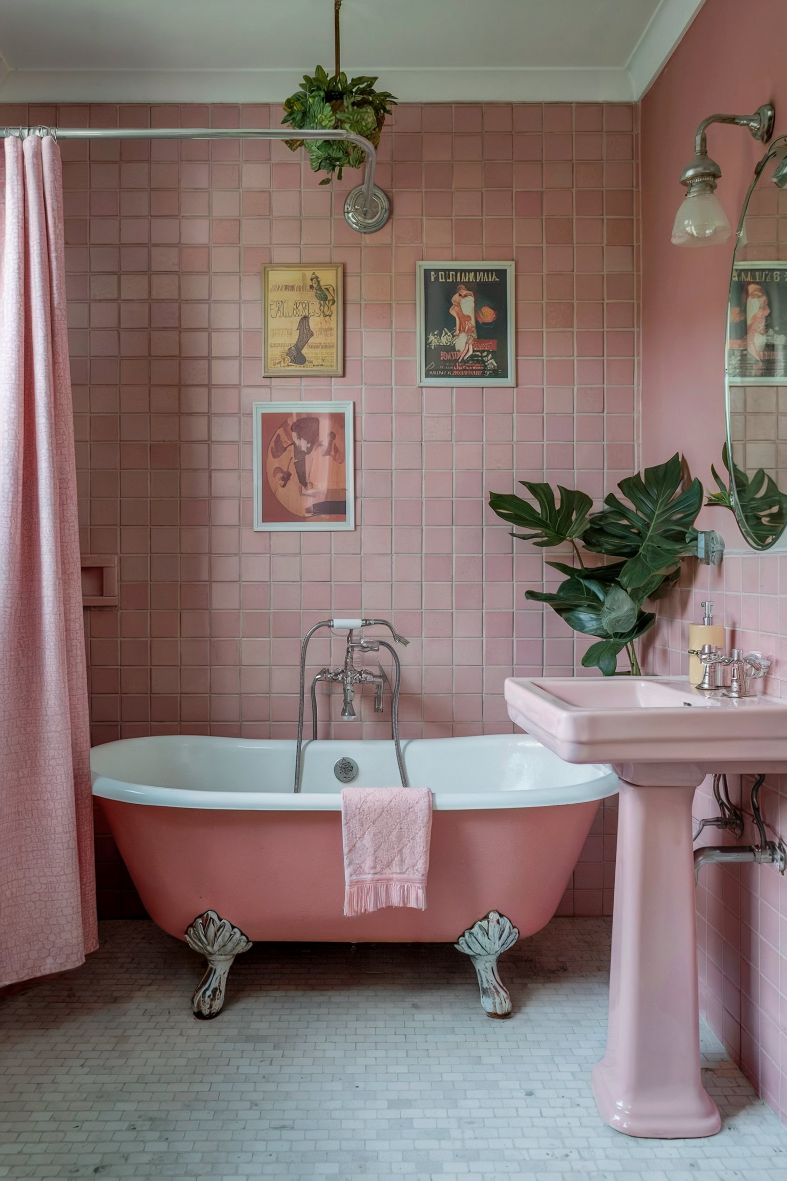 A pink bathroom with a clawfoot tub, pedestal sink, and vintage posters, creating a cozy, nostalgic atmosphere