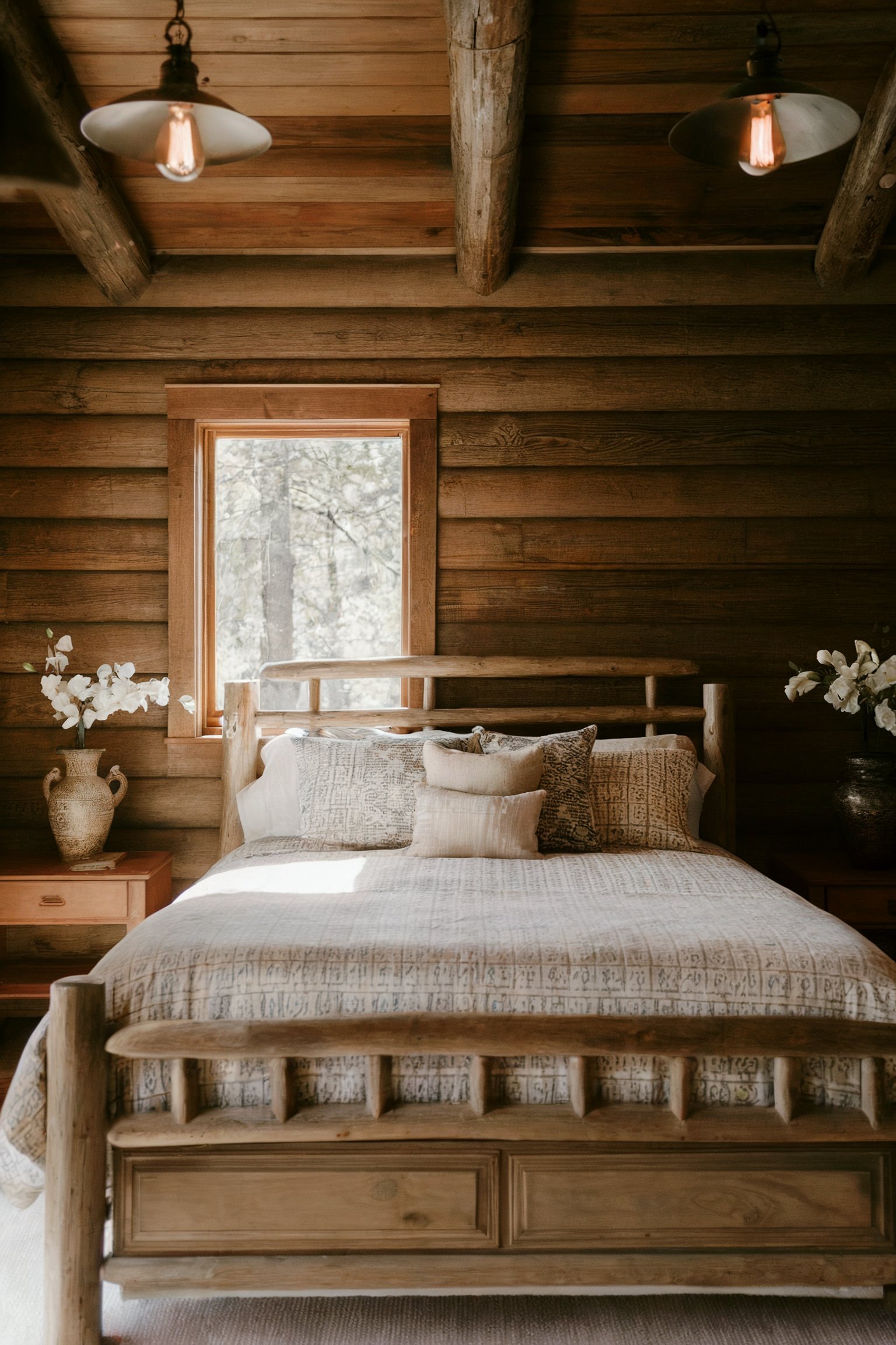 A rustic cabin bedroom with wooden walls, a log bedframe, and cozy bedding