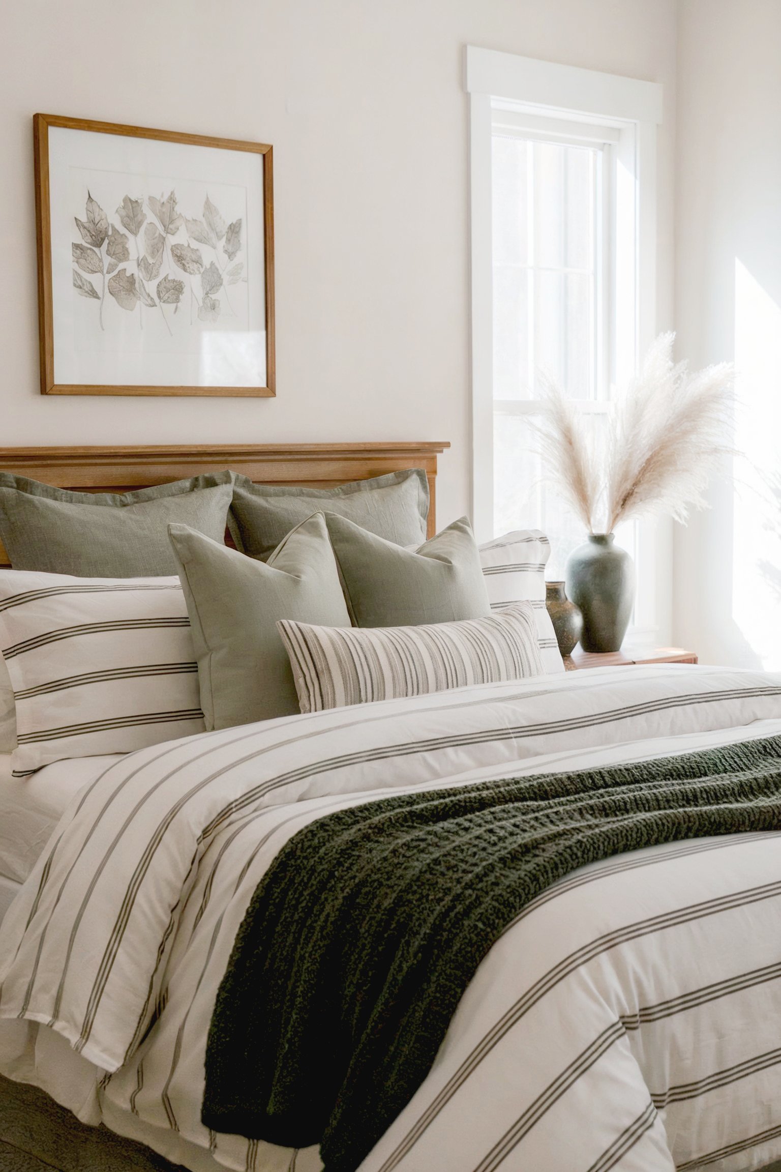 A minimalist bedroom with striped bedding, sage pillows, and pampas grass by the window