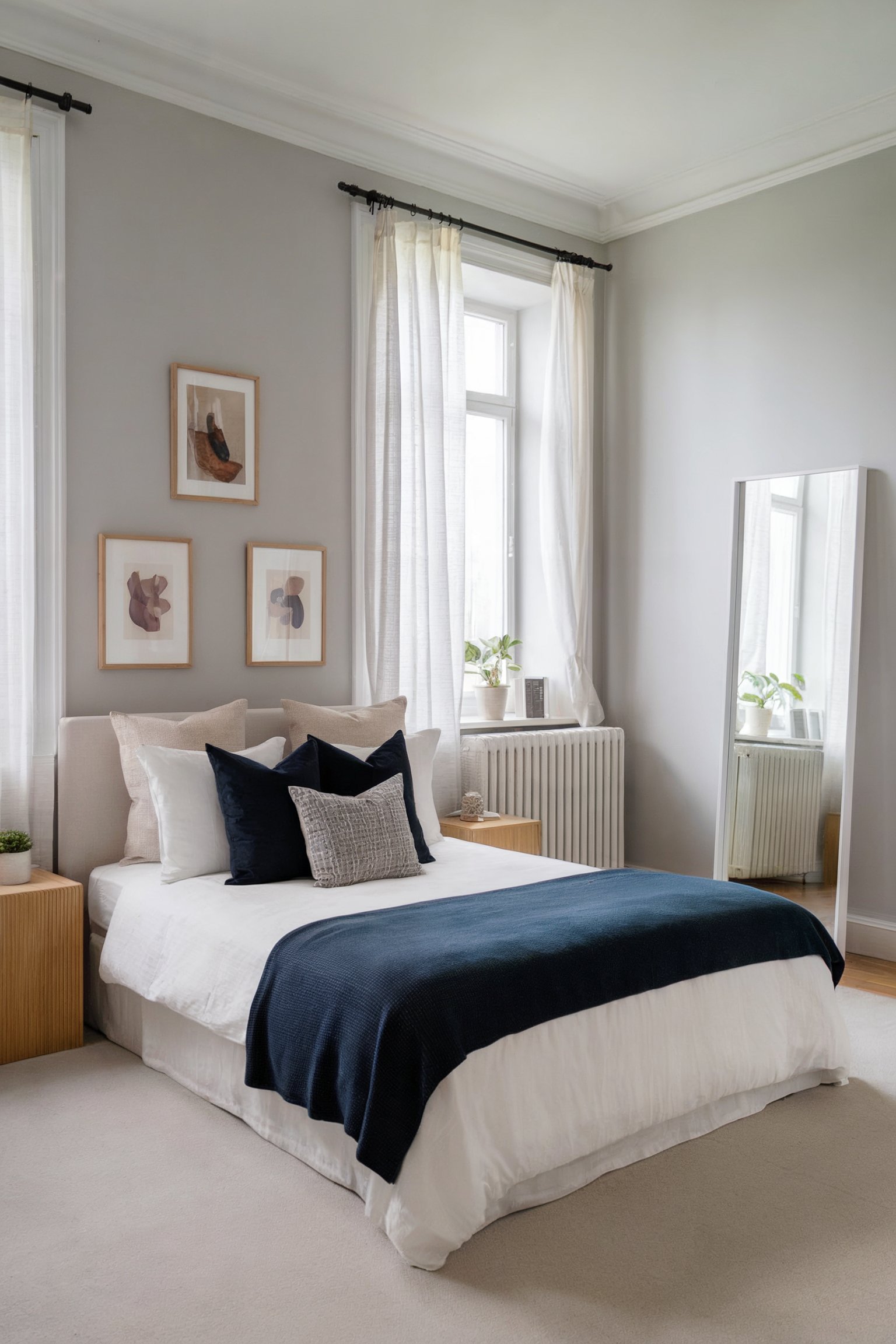 A minimalist bedroom with soft gray tones, large windows, and dark blue bedding