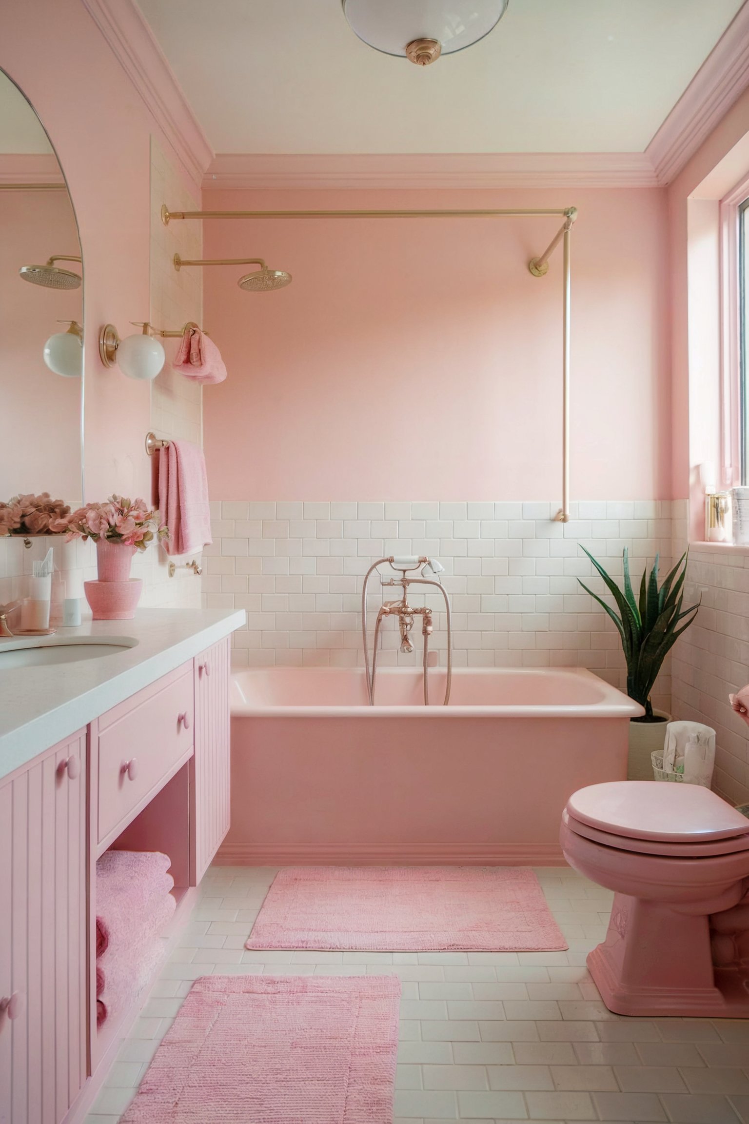 Soft pink bathroom with white tiles, gold fixtures, and pink accents, creating a calm and feminine space with a freestanding tub
