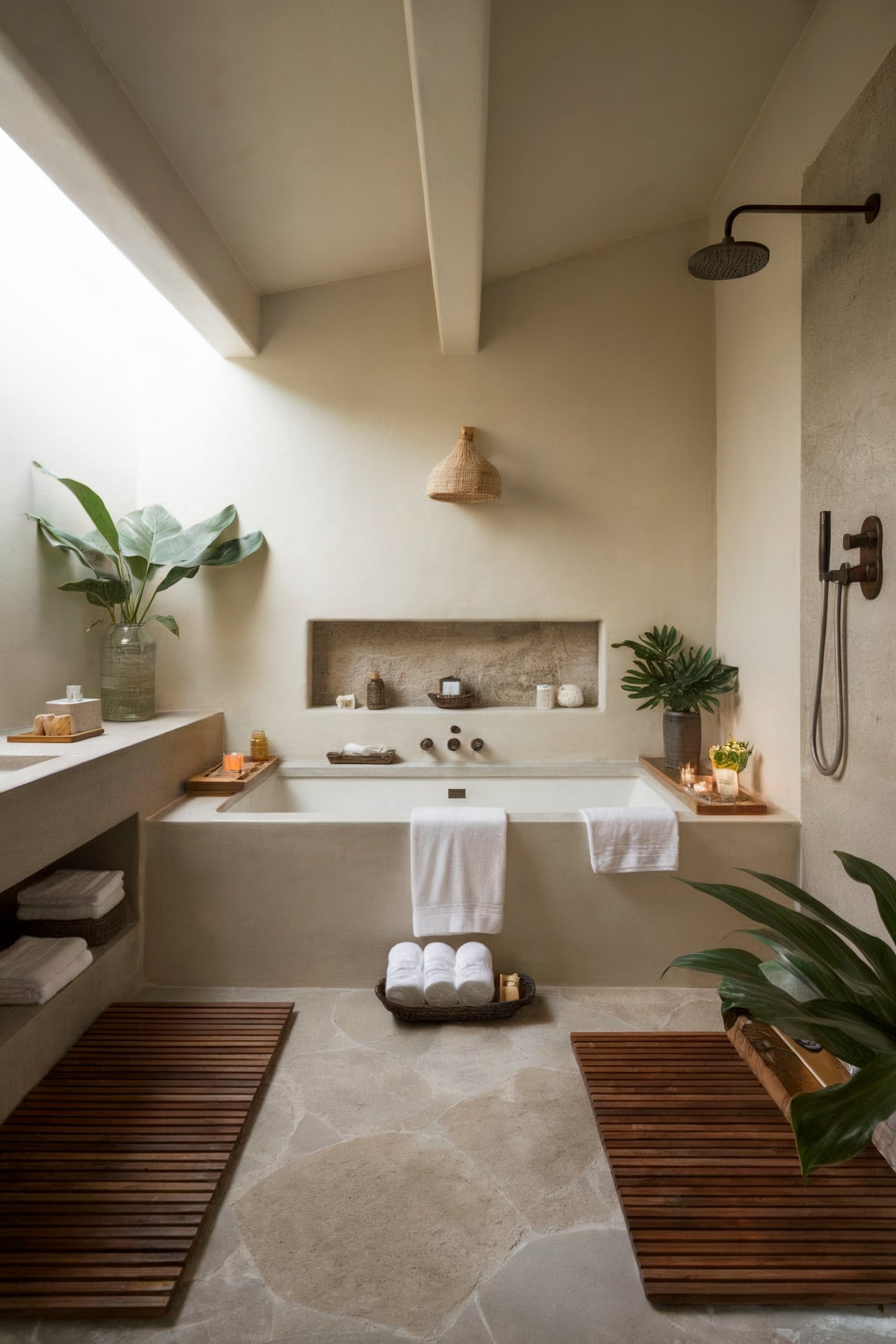 A serene spa-like bathroom with a deep soaking tub, wooden mats, and neutral stone textures for a calming retreat