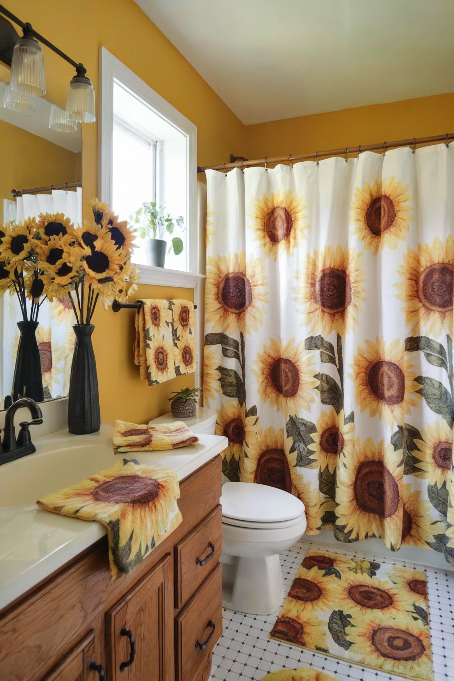A sunflower-themed bathroom with bright yellow walls and matching sunflower-patterned towels, curtain, and decor