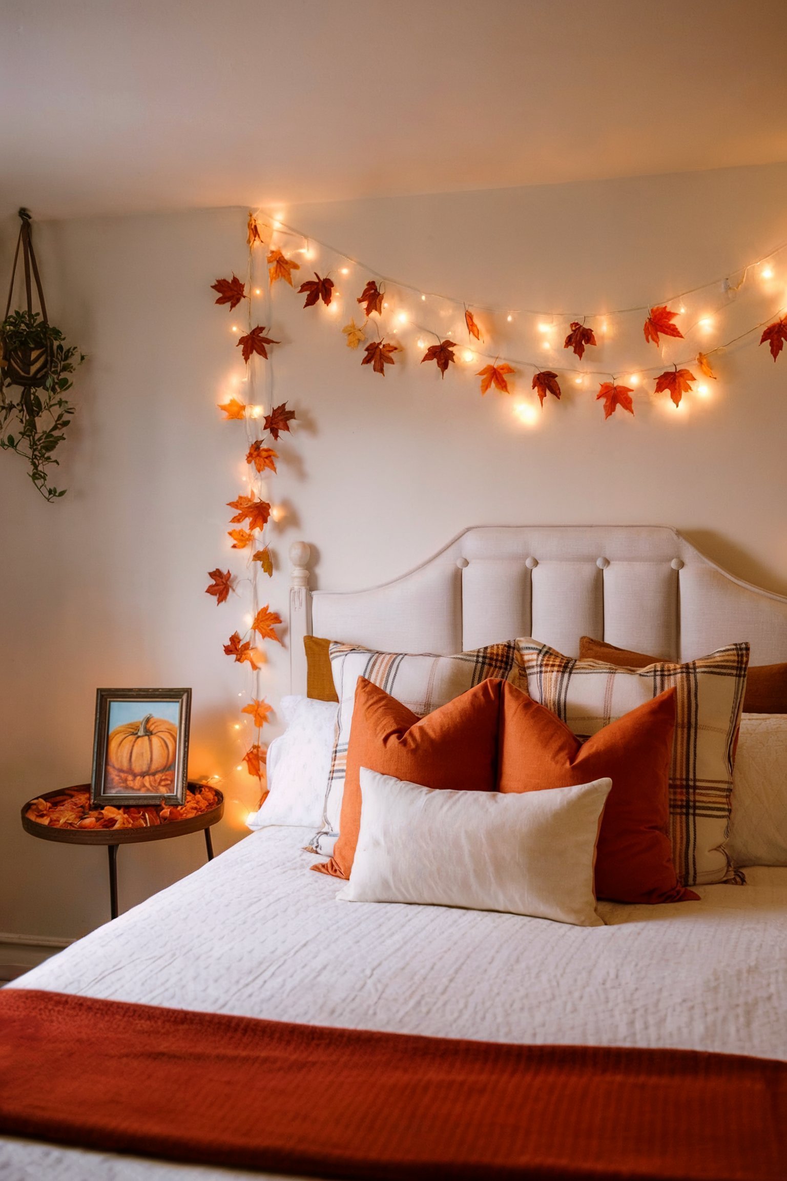 A bedroom with fall decor, string lights, and orange pillows above a white headboard