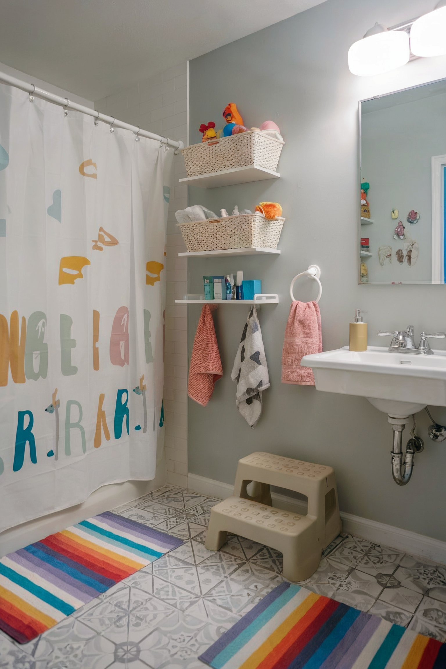 Playful kids' bathroom with rainbow rugs, step stool, and floating shelves with storage baskets.