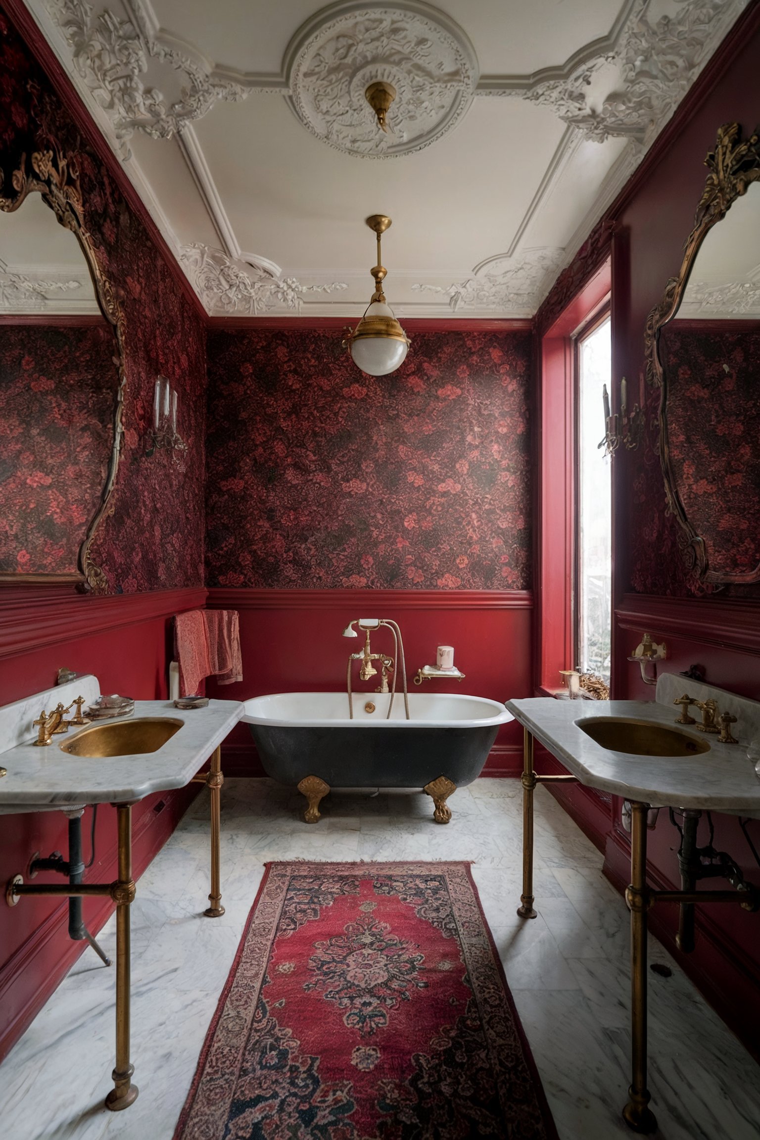 A luxurious Victorian-style bathroom with deep red wallpaper, a clawfoot bathtub, and gold fixtures