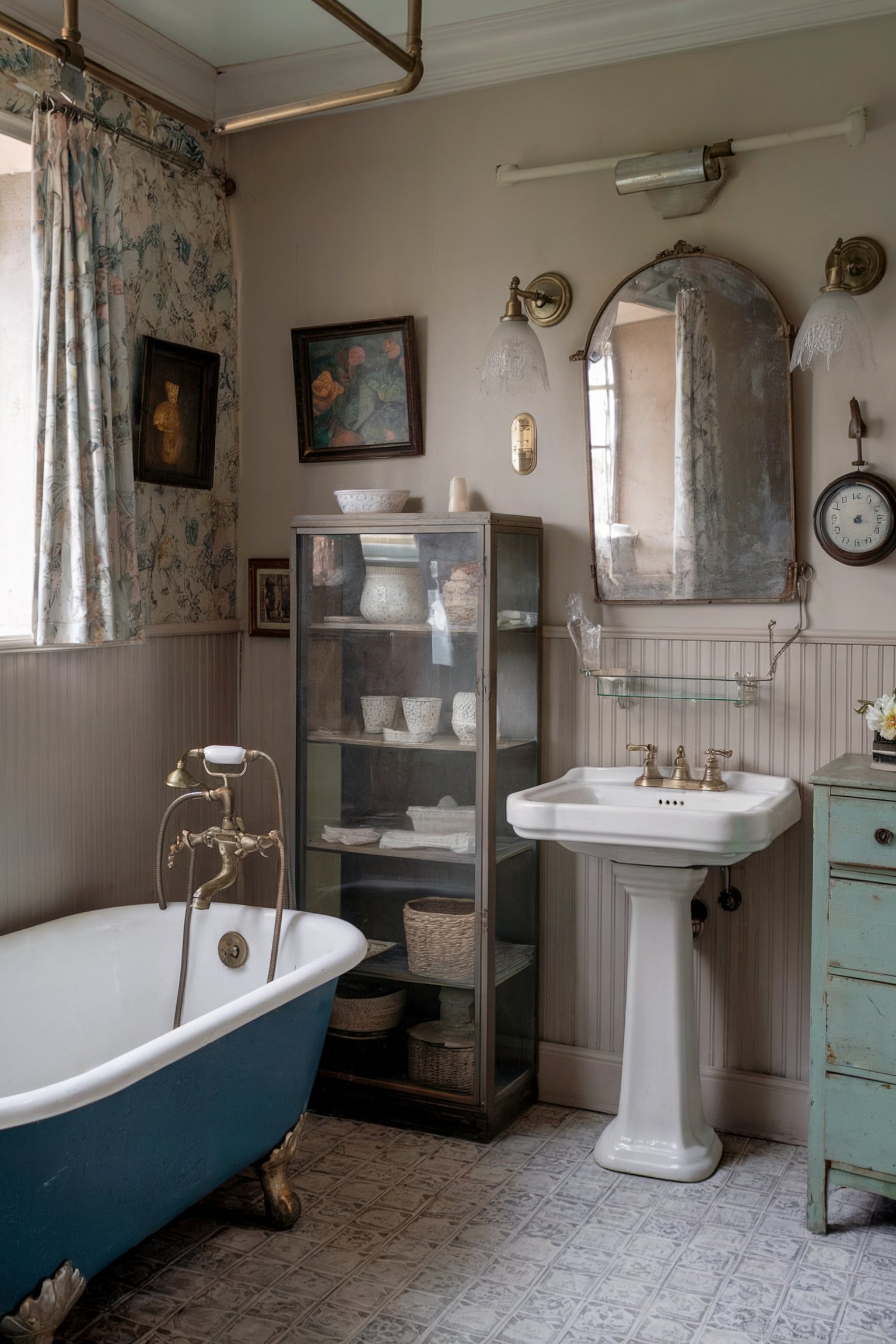 Vintage bathroom with clawfoot tub, floral curtains, and antique decor