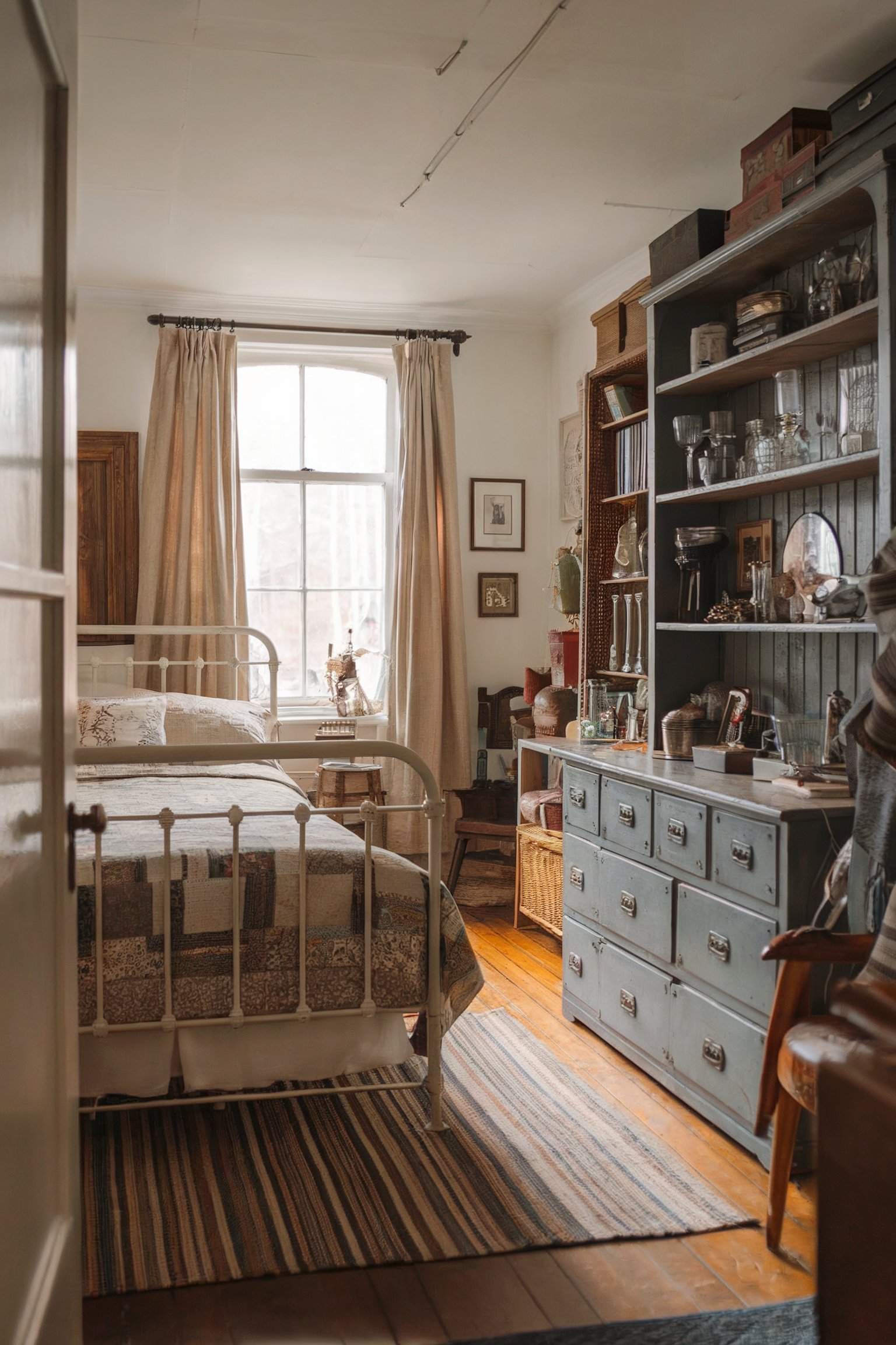 A vintage-style bedroom with an iron bedframe, patchwork quilt, and blue dresser