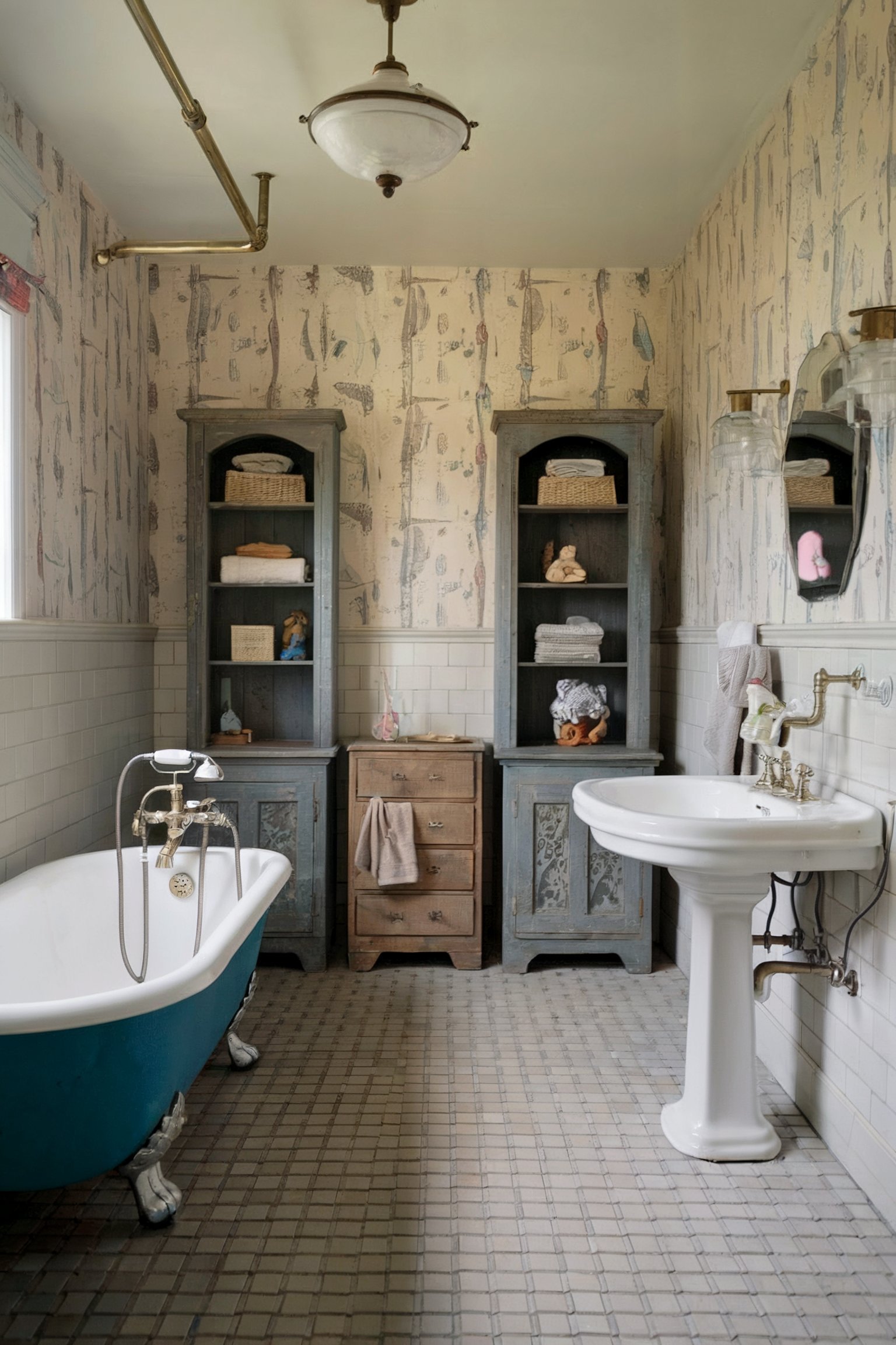 A vintage bathroom featuring a clawfoot tub, pedestal sink, and antique-style cabinets with wallpapered walls, blending old-world charm and functionality