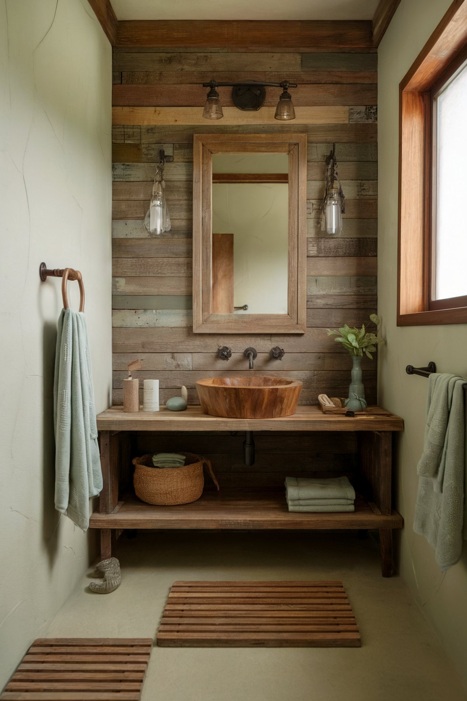 A rustic bathroom featuring wood paneling, a wooden vanity, and natural tones for a cozy, earthy atmosphere