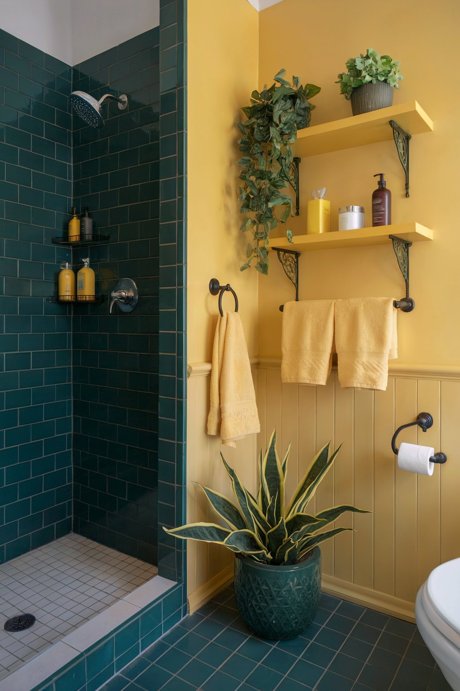 A vibrant bathroom with yellow walls, dark green tiles, and lush greenery, creating a cheerful and fresh atmosphere