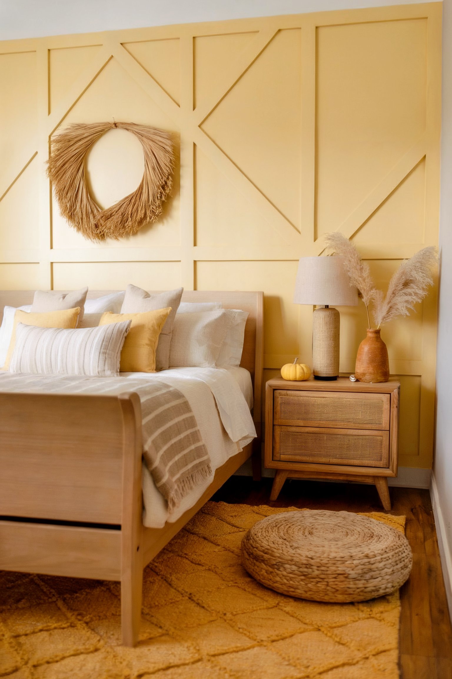 A cozy bedroom with a yellow accent wall, light wood bed, and natural fiber wreath above