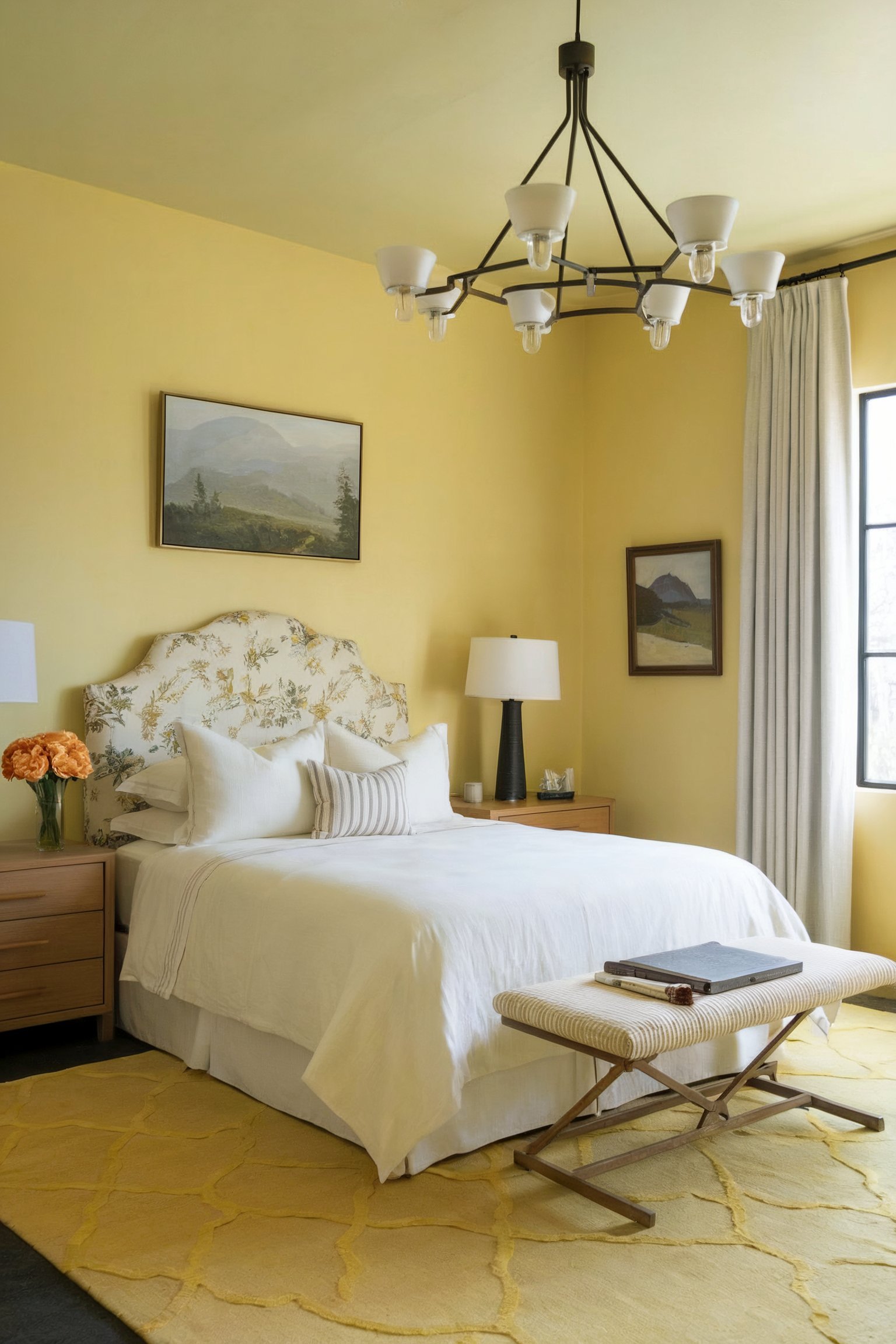 A cozy yellow-themed bedroom featuring a patterned headboard, matching decor, and a bench at the foot of the bed