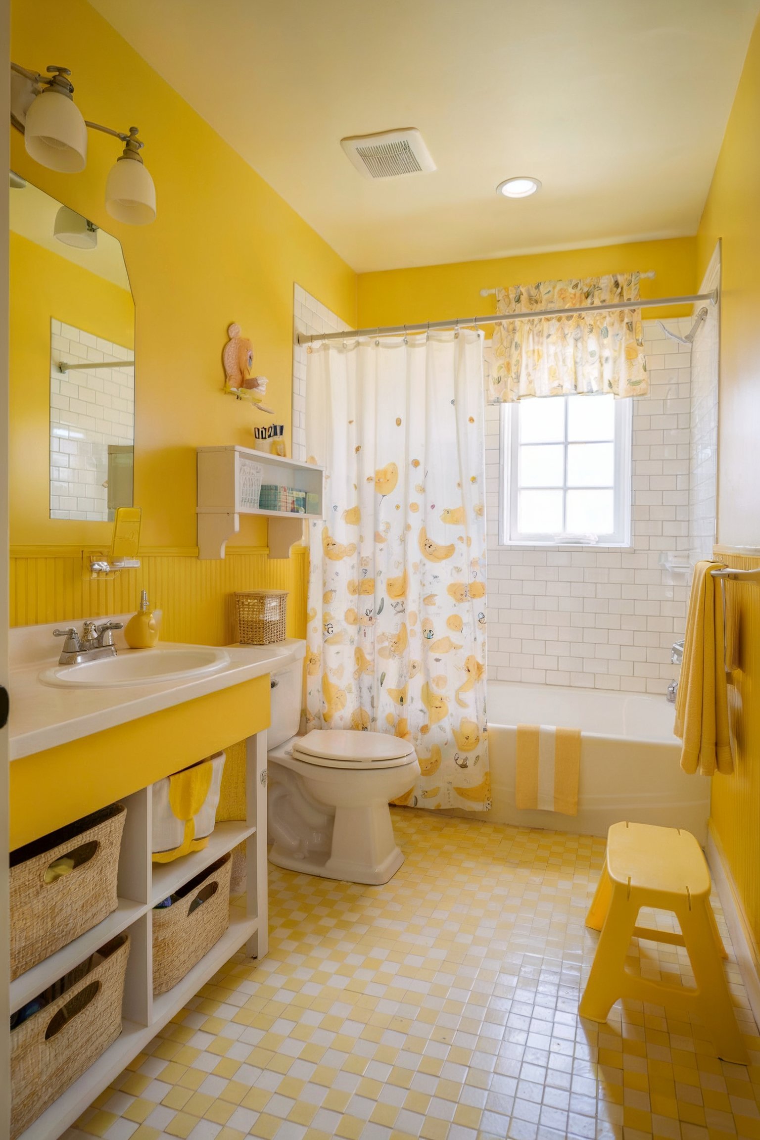 A bright yellow children's bathroom with duck-themed decor, a yellow vanity, and a matching step stool and shower curtain