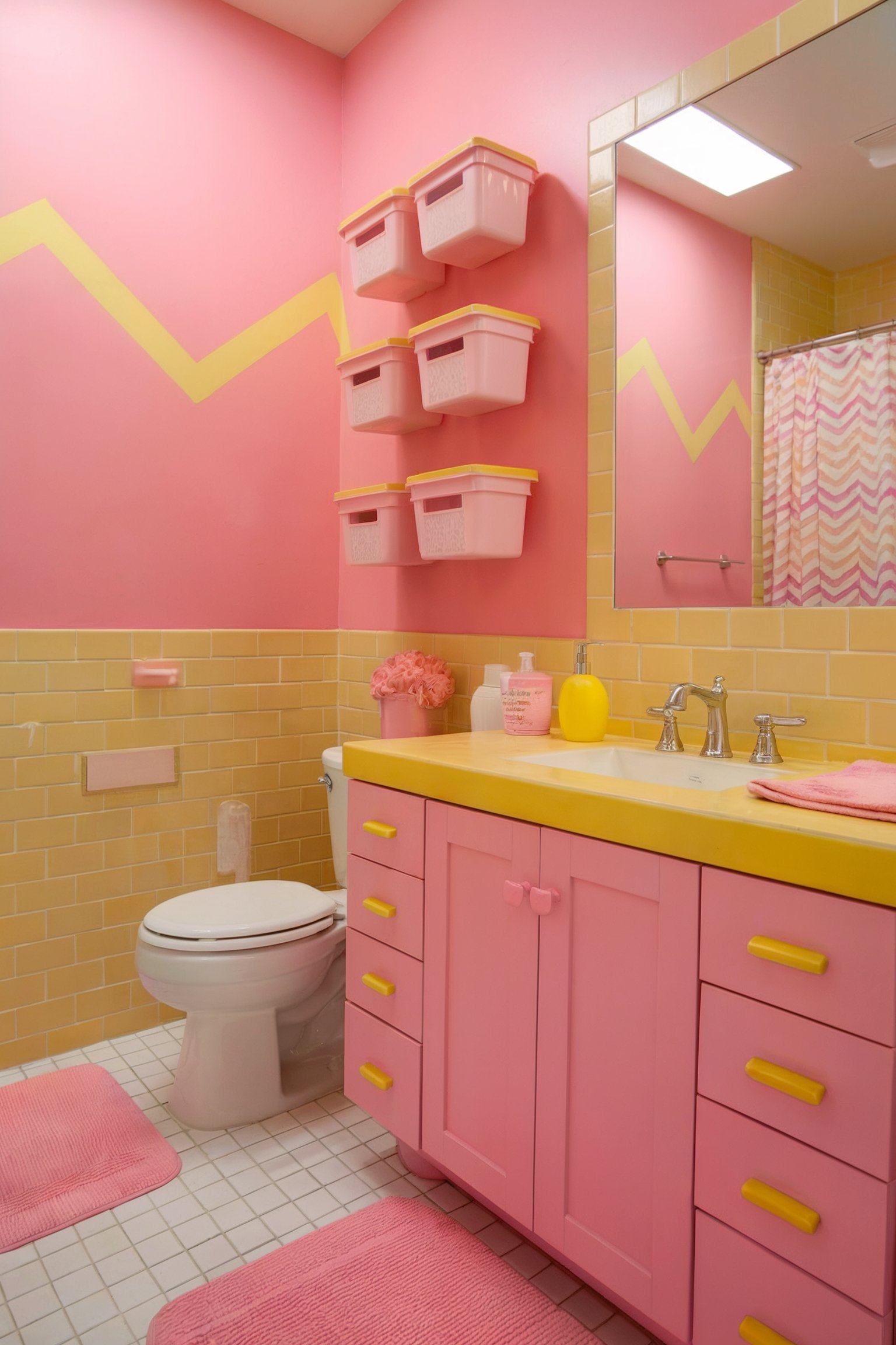 Pink and yellow bathroom with pink cabinets, yellow countertop, and pastel storage baskets
