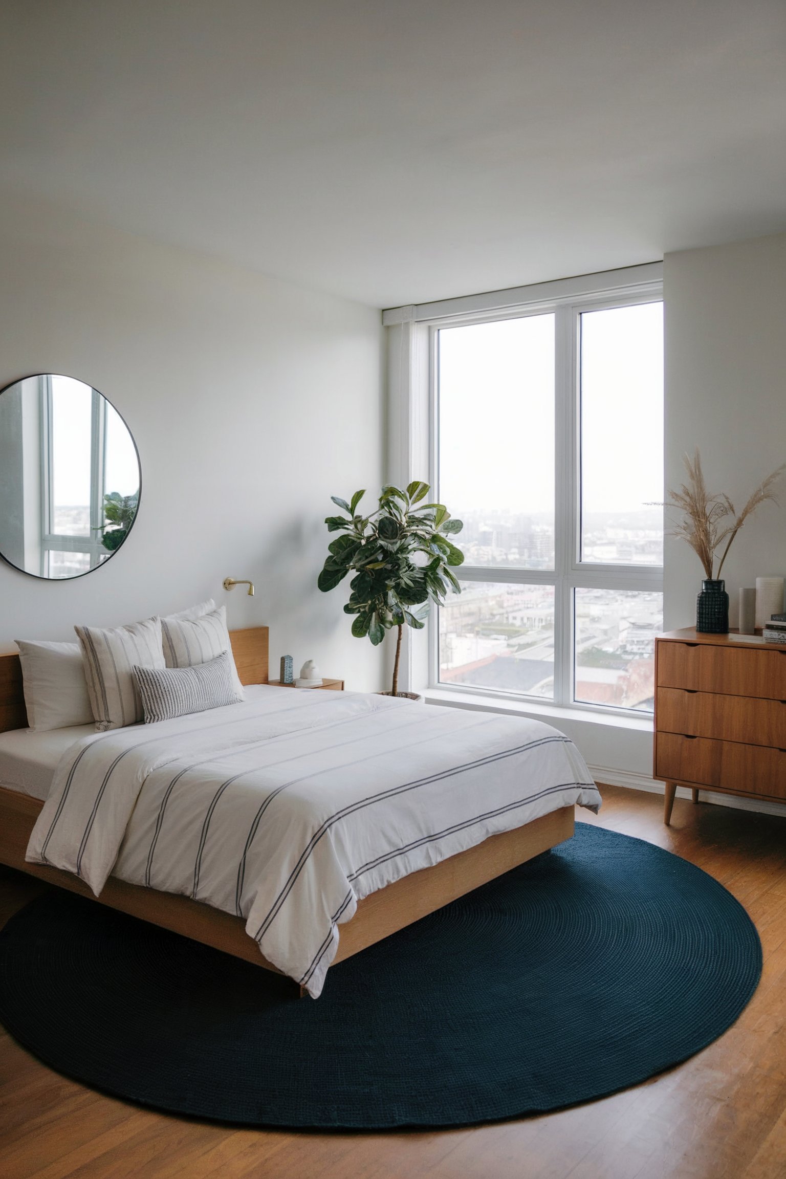 A modern bedroom with a large round mirror, striped bedding, and a wooden dresser