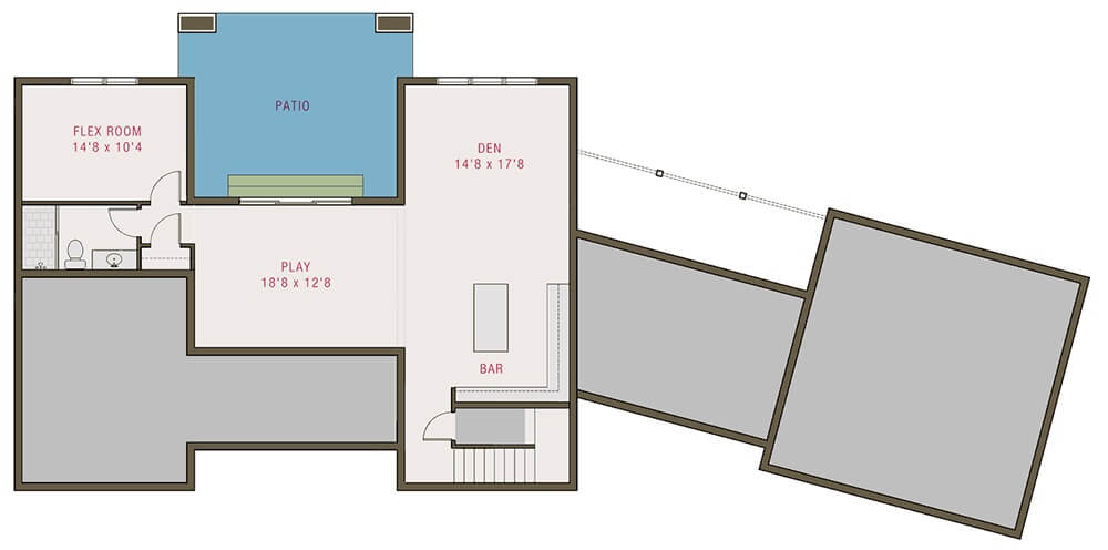 Lower level floor plan with flex room, den, playroom, and bar.