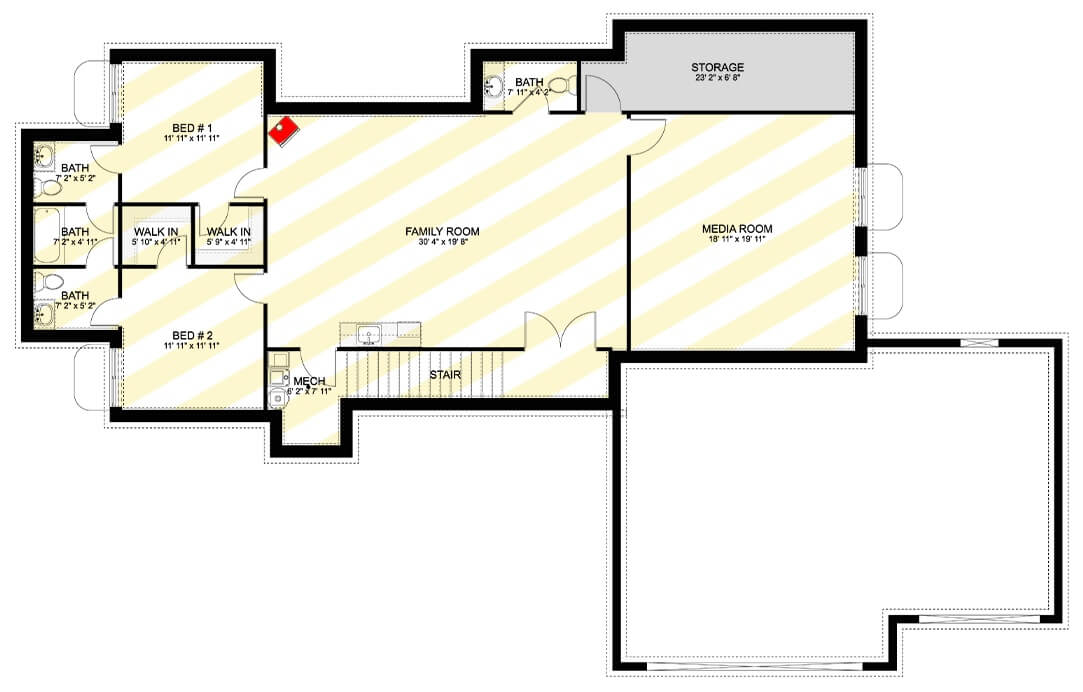 Lower level floor plan with two bedrooms, a media room, and a family room with a powder bath.