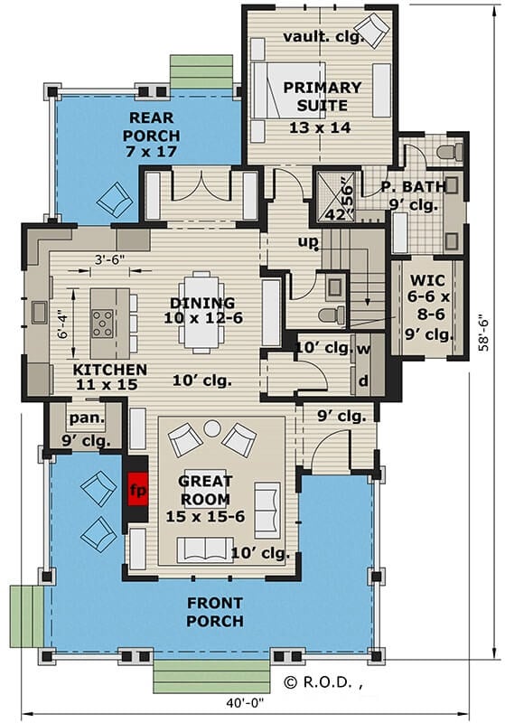 Main level floor plan of a modern 3-bedroom farmhouse with great room, dining area, kitchen, primary suite, laundry, and wraparound front porch.