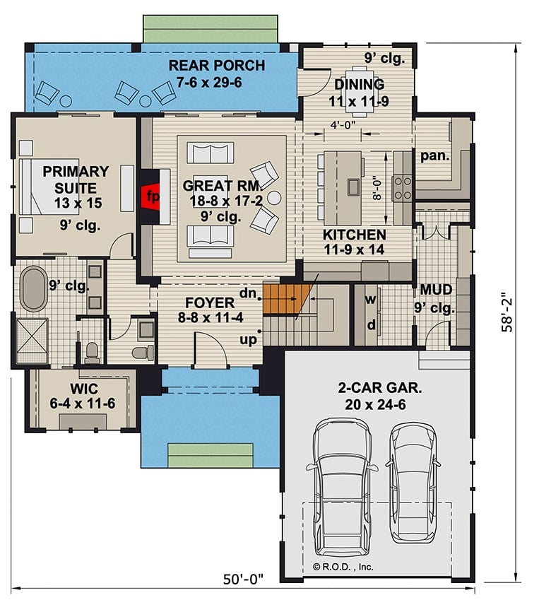 Main level floor plan of a 3-bedroom Hill country home with foyer, great room, kitchen, dining area, primary suite, and mudroom leading to the garage.