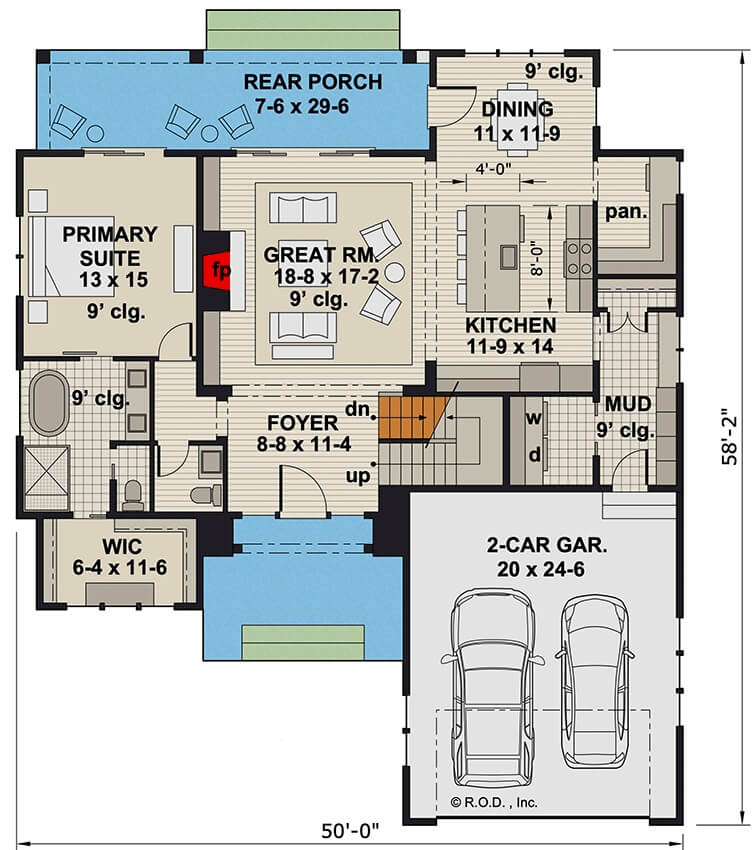 Main level floor plan of a 4-bedroom Hill Country home with foyer, great room, kitchen, dining room, primary suite, and mudroom leading to the garage.