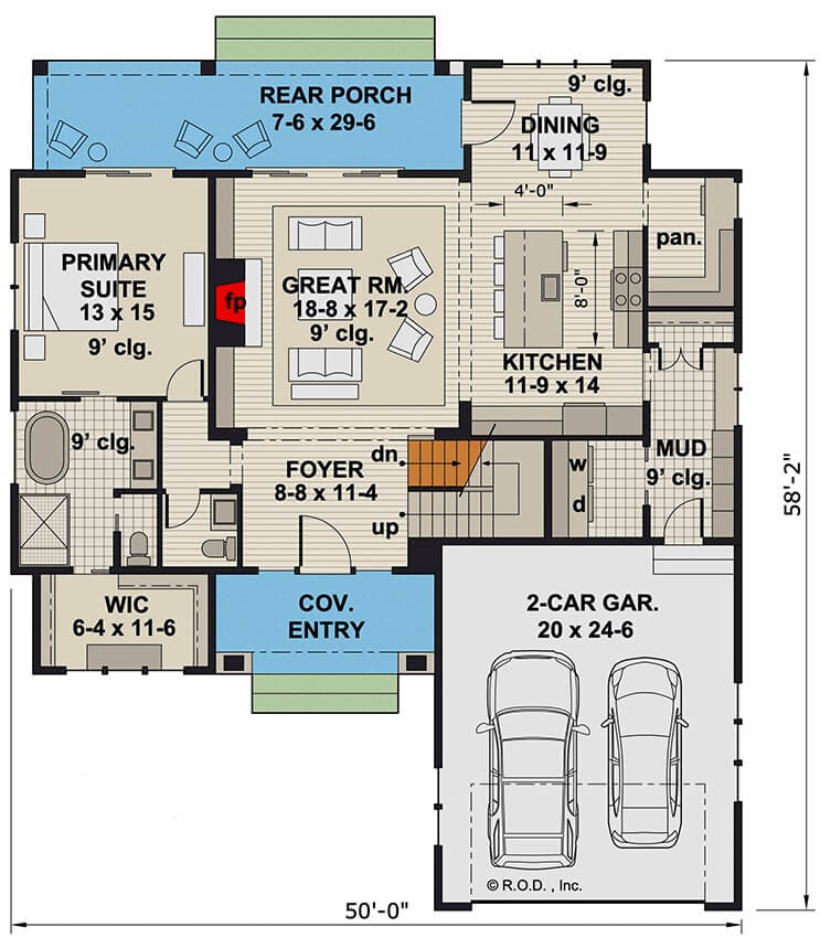 Main level floor plan of a 3-bedroom traditional home with foyer, great room, kitchen, dining room, primary suite, and mudroom leading to the garage.