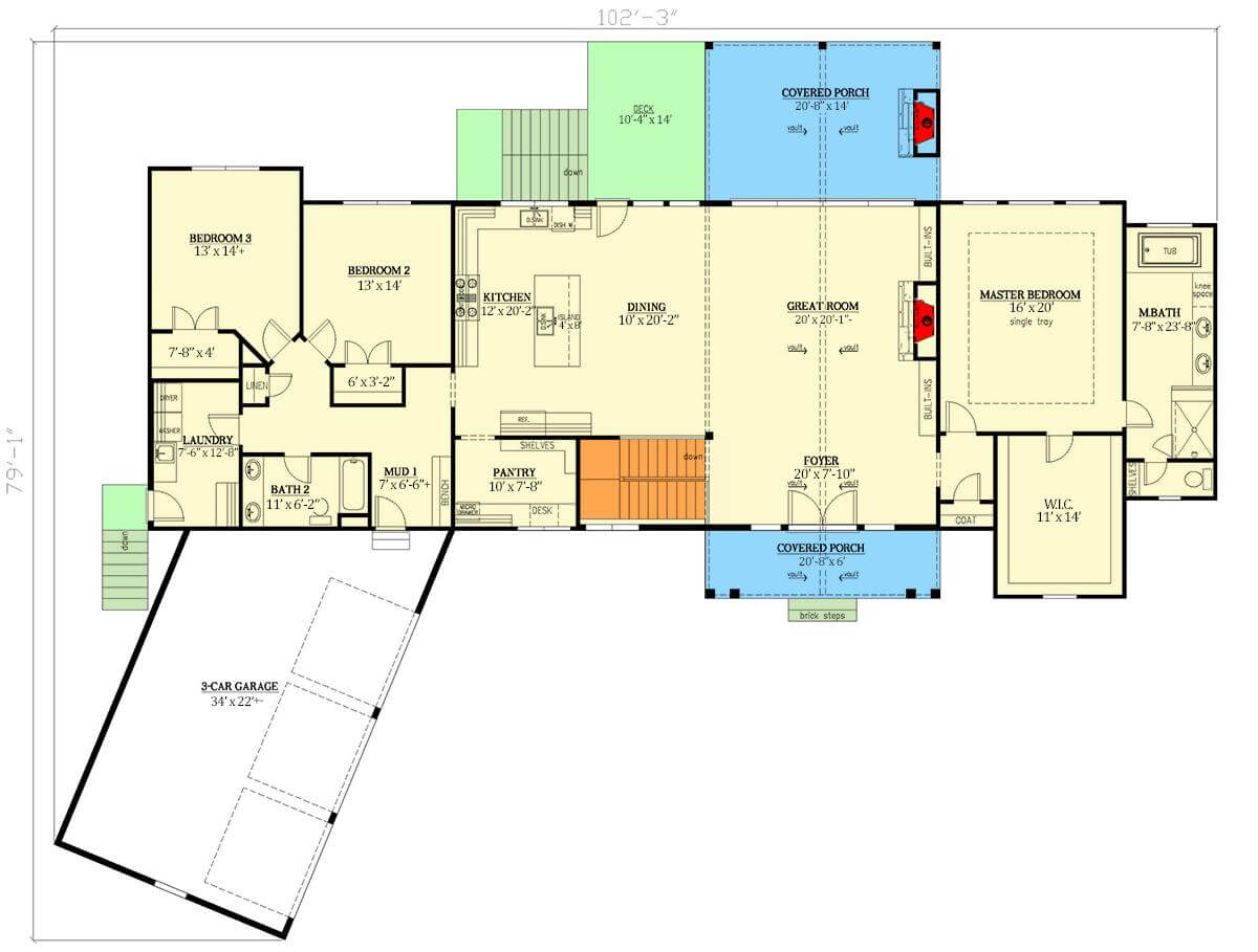 Main level floor plan of a New American style 5-bedroom lake house with foyer, great room, dining room, kitchen, three bedrooms, and mudroom leading to the angled garage.