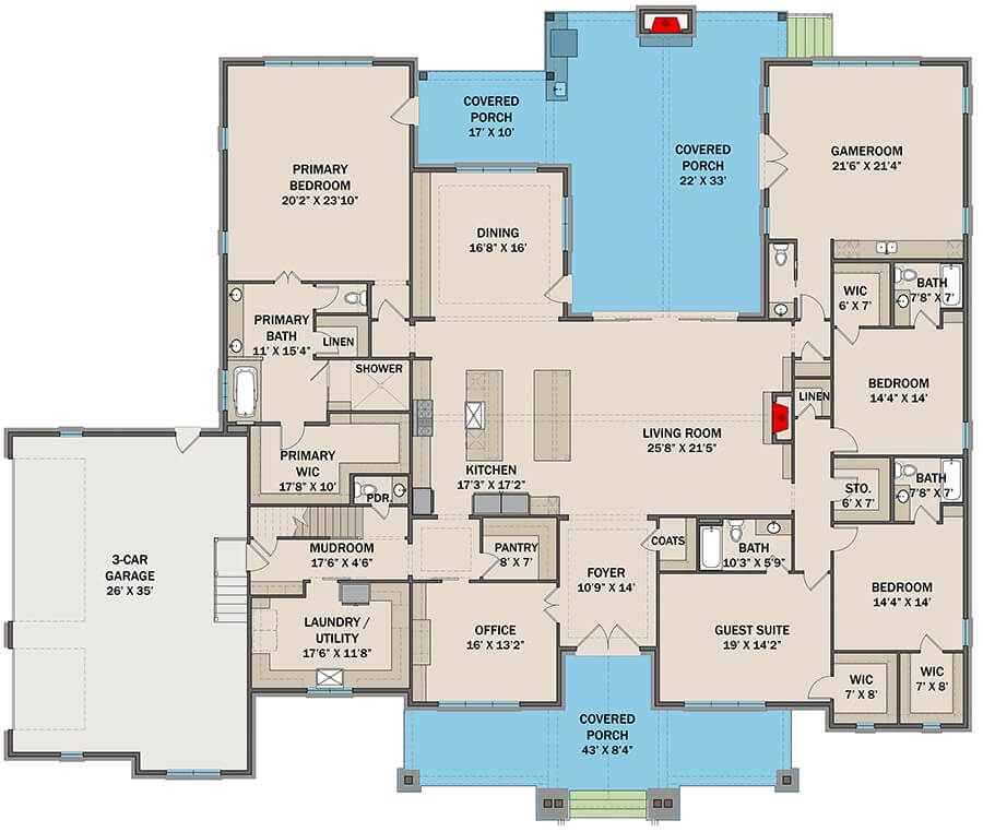 Main level floor plan of a craftsman style 5-bedroom home with foyer, living room, dining room, kitchen, office, four bedrooms, game room, laundry, and mudroom leading to the garage.